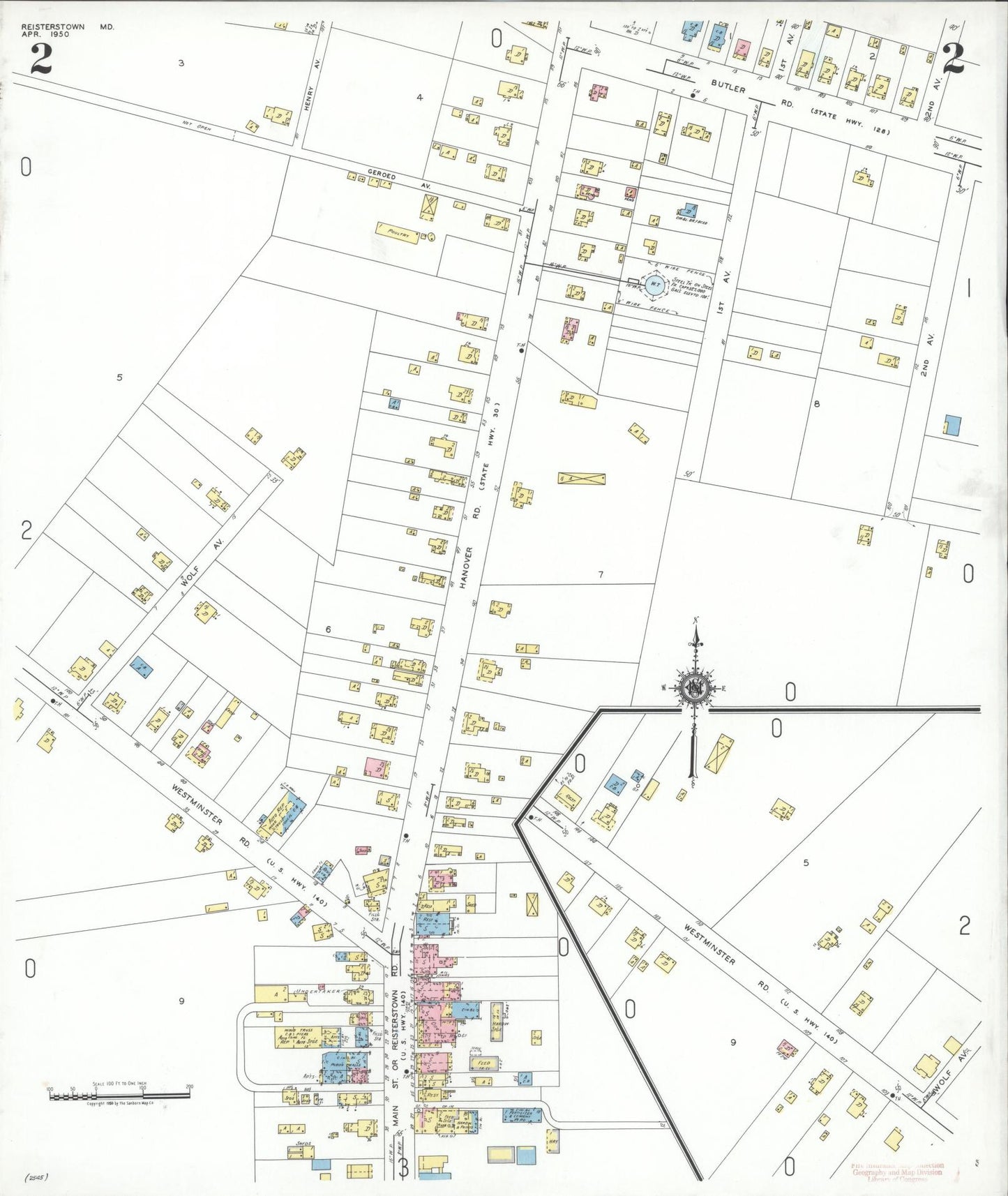 Sanborn Fire Insurance Map from Reisterstown, Baltimore County, Maryland (1950), Sheet #0002 - Historic Sanborn Fire Insurance Map Print, vintage old map wall art