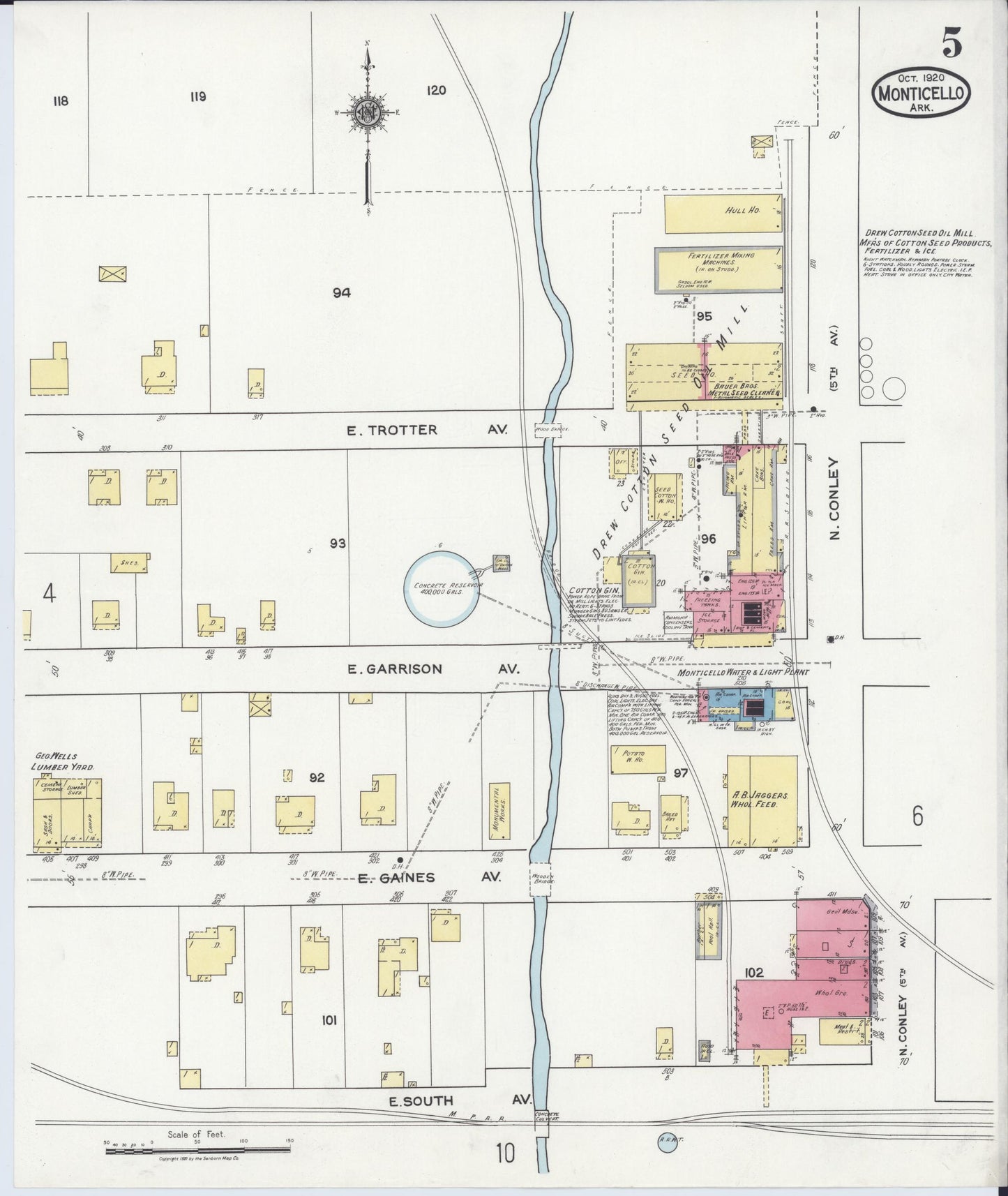 Sanborn Fire Insurance Map from Monticello, Drew County, Arkansas (1920), Sheet #0005 - Historic Sanborn Fire Insurance Map Print, vintage old map wall art, antique decor, genealogy gift, Arkansas Arkansas map