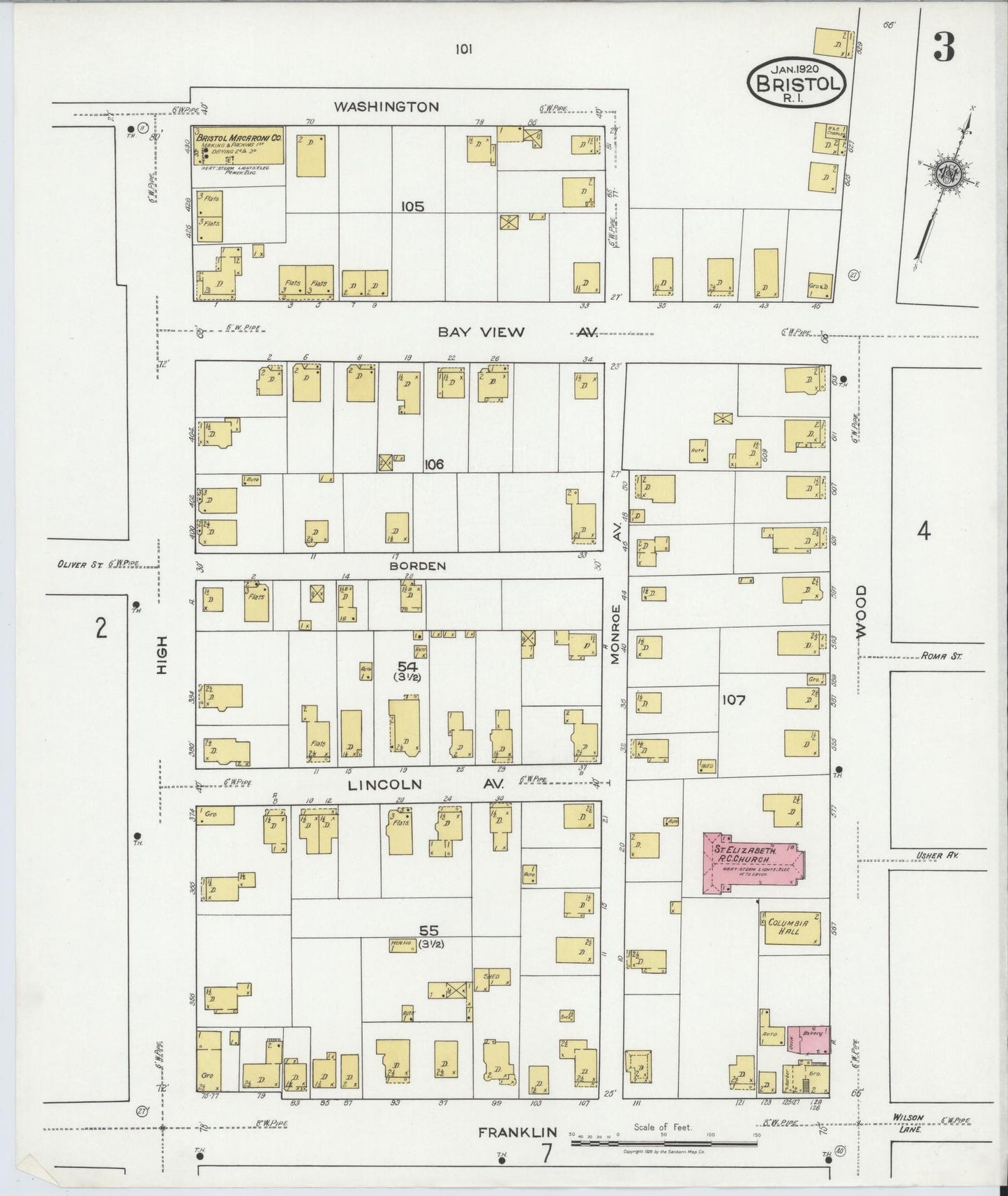 Sanborn Fire Insurance Map from Bristol, Bristol County, Rhode Island (1920), Sheet #0003 - Historic Sanborn Fire Insurance Map Print, vintage old map wall art, antique decor, genealogy gift, Rhode Island Rhode Island map