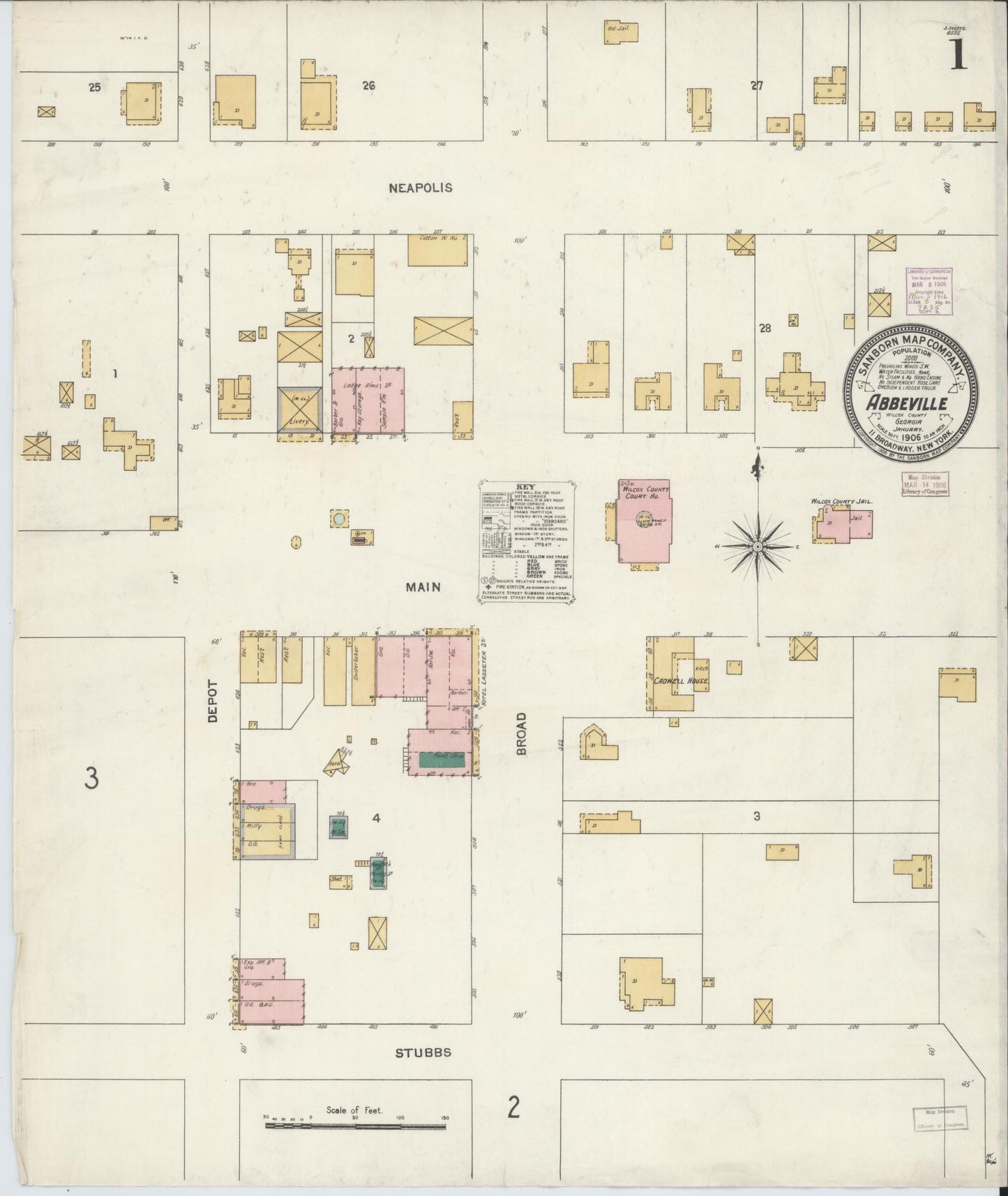 Sanborn Fire Insurance Map from Abbeville, Wilcox County, Georgia (1906), Sheet #0001 - Historic Sanborn Fire Insurance Map Print, vintage old map wall art, antique decor, genealogy gift, Georgia Georgia map