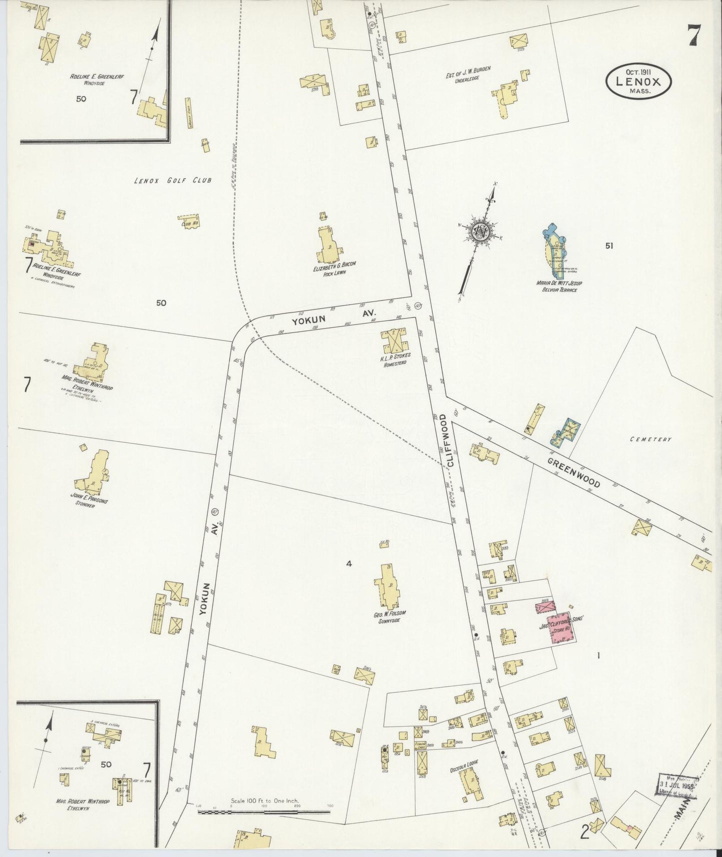 Sanborn Fire Insurance Map from Lenox, Berkshire County, Massachusetts (1911), Sheet #0007 - Historic Sanborn Fire Insurance Map Print, vintage old map wall art, antique decor, genealogy gift, Massachusetts Massachusetts map