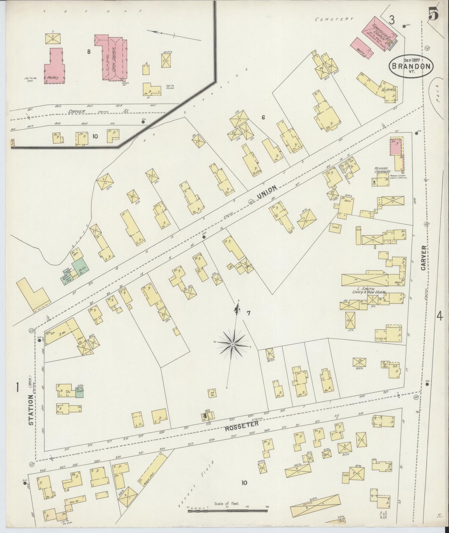 Sanborn Fire Insurance Map from Brandon, Rutland County, Vermont (1897), Sheet #0005 - Historic Sanborn Fire Insurance Map Print, vintage old map wall art, antique decor, genealogy gift, Vermont Vermont map