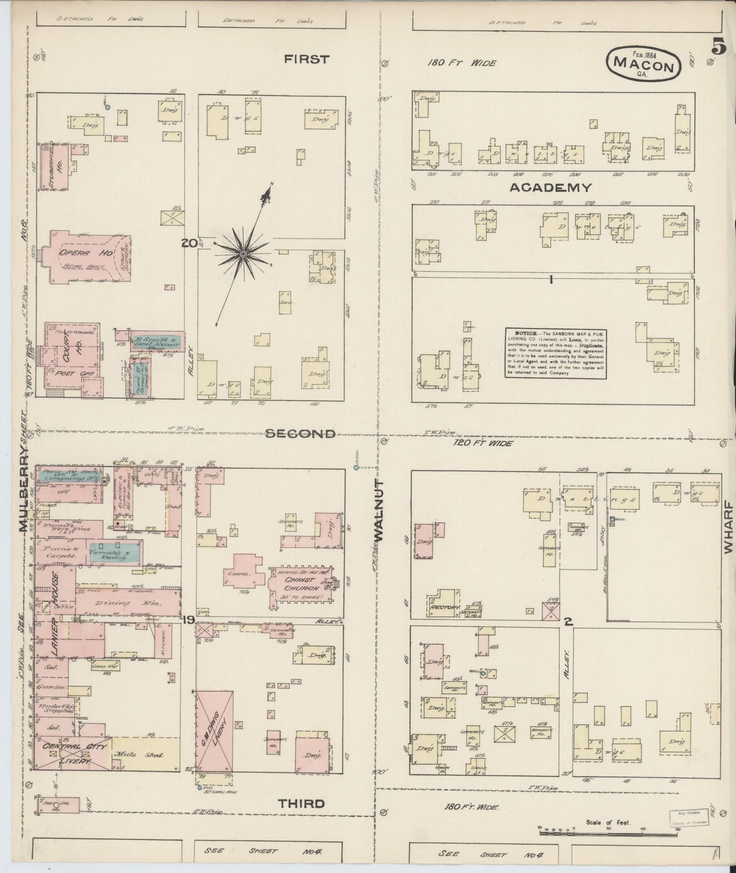 Sanborn Fire Insurance Map from Macon, Bibb and Jones County, Georgia (1884), Sheet #0005 - Historic Sanborn Fire Insurance Map Print, vintage old map wall art, antique decor, genealogy gift, Georgia Georgia map