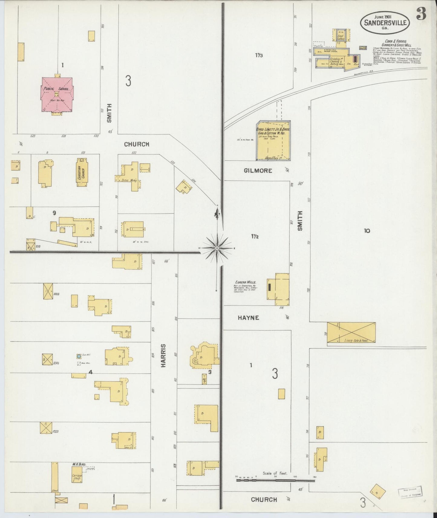 Sanborn Fire Insurance Map from Sandersville, Washington County, Georgia (1901), Sheet #0003 - Historic Sanborn Fire Insurance Map Print, vintage old map wall art, antique decor, genealogy gift, Georgia Georgia map
