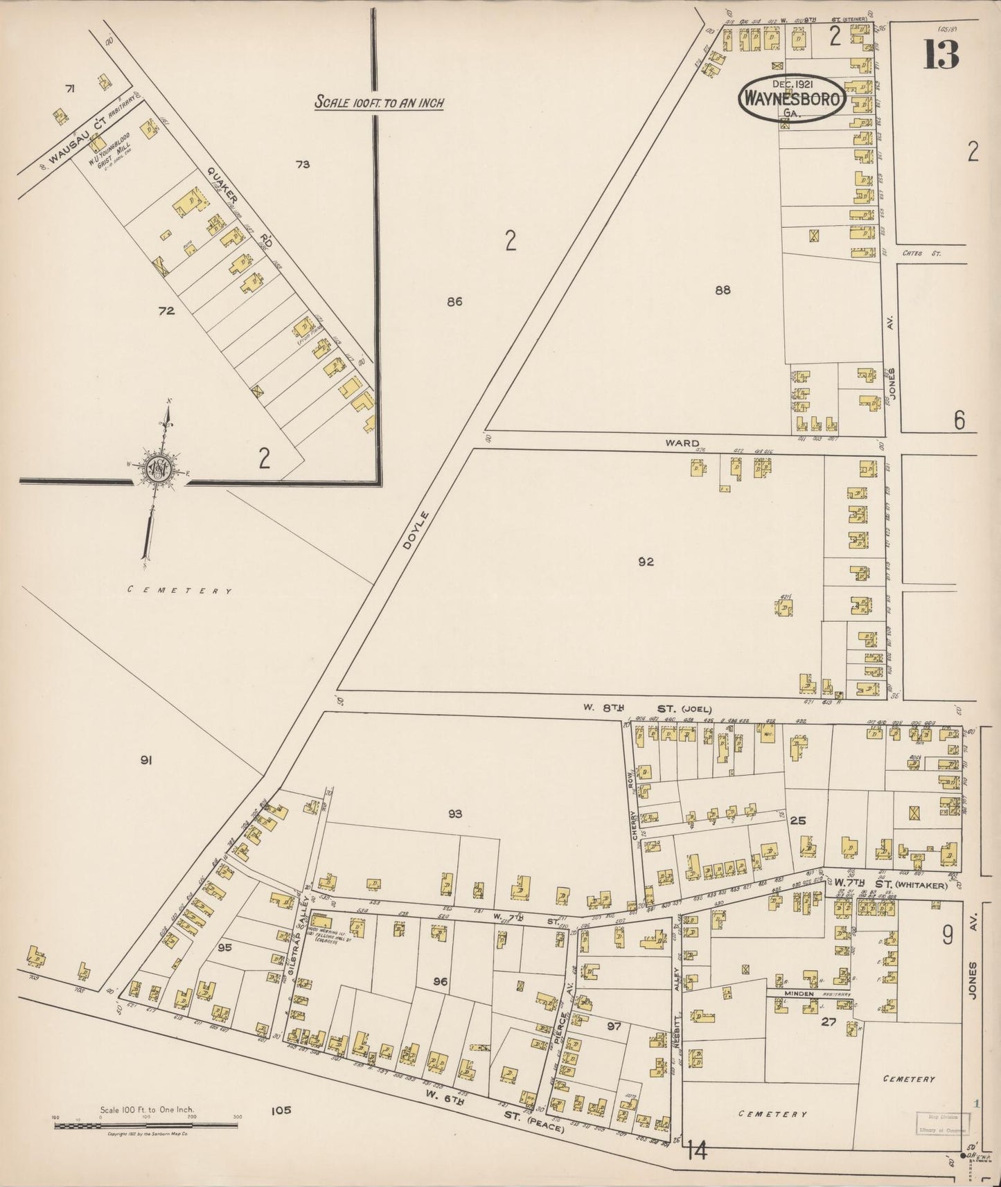 Sanborn Fire Insurance Map from Waynesboro, Burke County, Georgia (1921), Sheet #0013 - Historic Sanborn Fire Insurance Map Print, vintage old map wall art, antique decor, genealogy gift, Georgia Georgia map