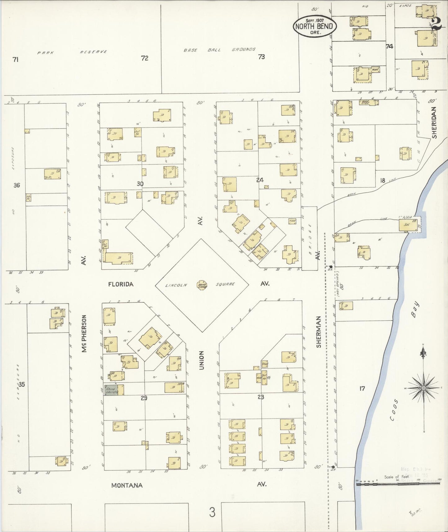 Sanborn Fire Insurance Map from North Bend, Coos County, Oregon (1907), Sheet #0002 - Historic Sanborn Fire Insurance Map Print, vintage old map wall art, antique decor, genealogy gift, Oregon Oregon map