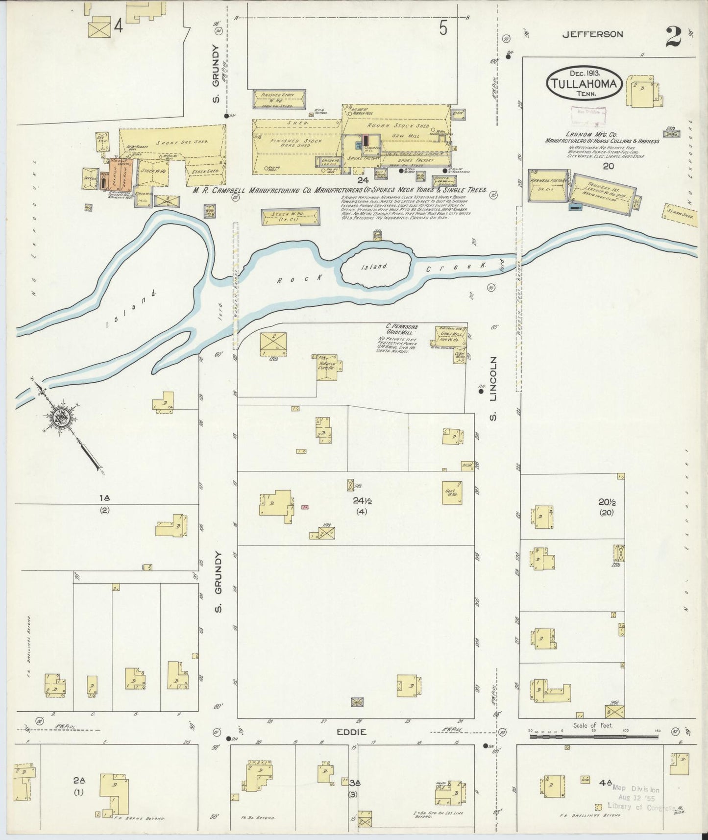 Sanborn Fire Insurance Map from Tullahoma, Coffee County, Tennessee (1913), Sheet #0002 - Historic Sanborn Fire Insurance Map Print, vintage old map wall art, antique decor, genealogy gift, Tennessee Tennessee map