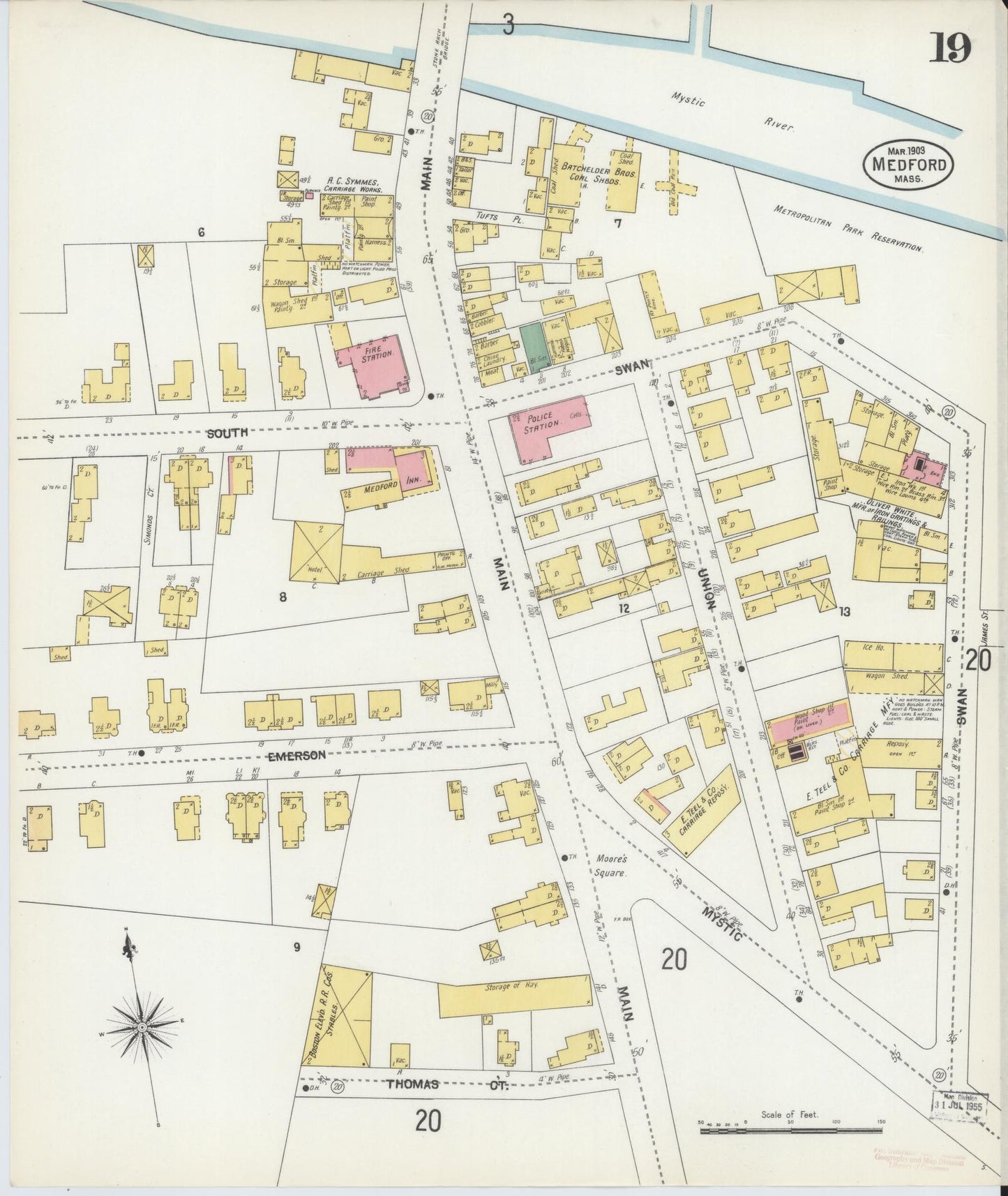 Sanborn Fire Insurance Map from Medford, Middlesex County, Massachusetts (1903), Sheet #0019 - Historic Sanborn Fire Insurance Map Print, vintage old map wall art, antique decor, genealogy gift, Massachusetts Massachusetts map