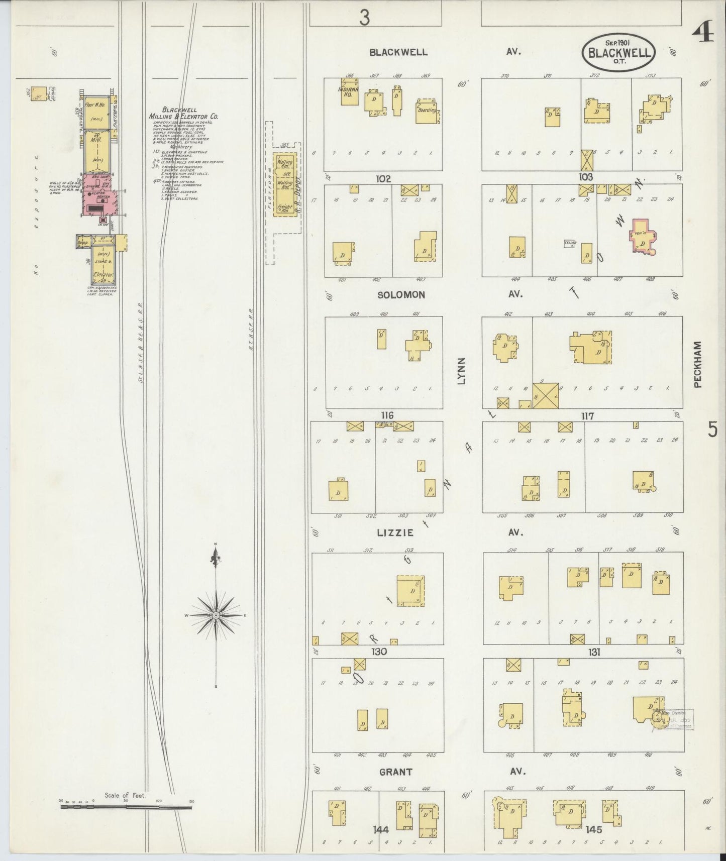 Sanborn Fire Insurance Map from Blackwell, Kay County, Oklahoma (1901), Sheet #0004 - Historic Sanborn Fire Insurance Map Print, vintage old map wall art, antique decor, genealogy gift, Oklahoma Oklahoma map