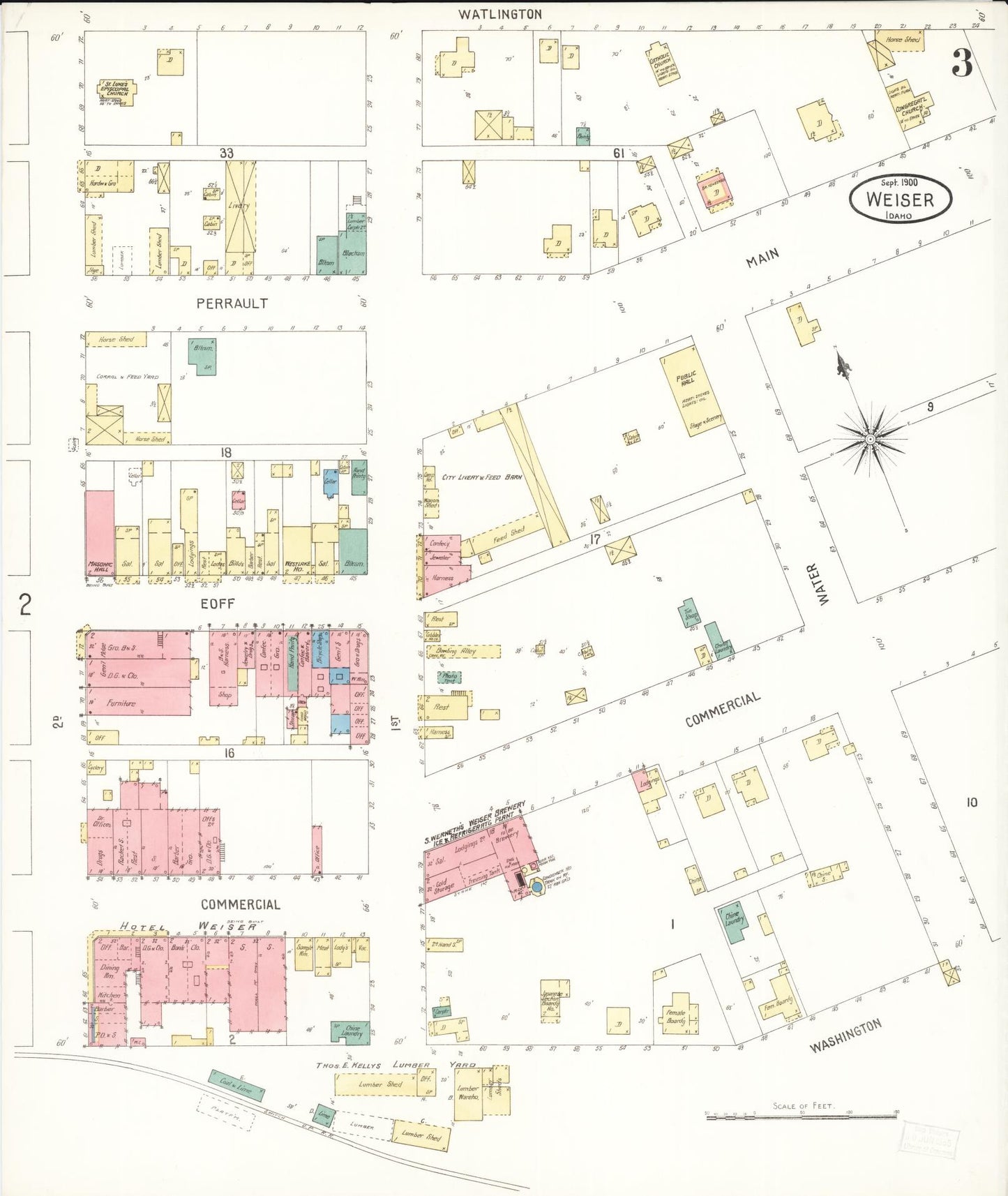 Sanborn Fire Insurance Map from Weiser, Washington County, Idaho (1900), Sheet #0003 - Historic Sanborn Fire Insurance Map Print, vintage old map wall art, antique decor, genealogy gift, Idaho Idaho map