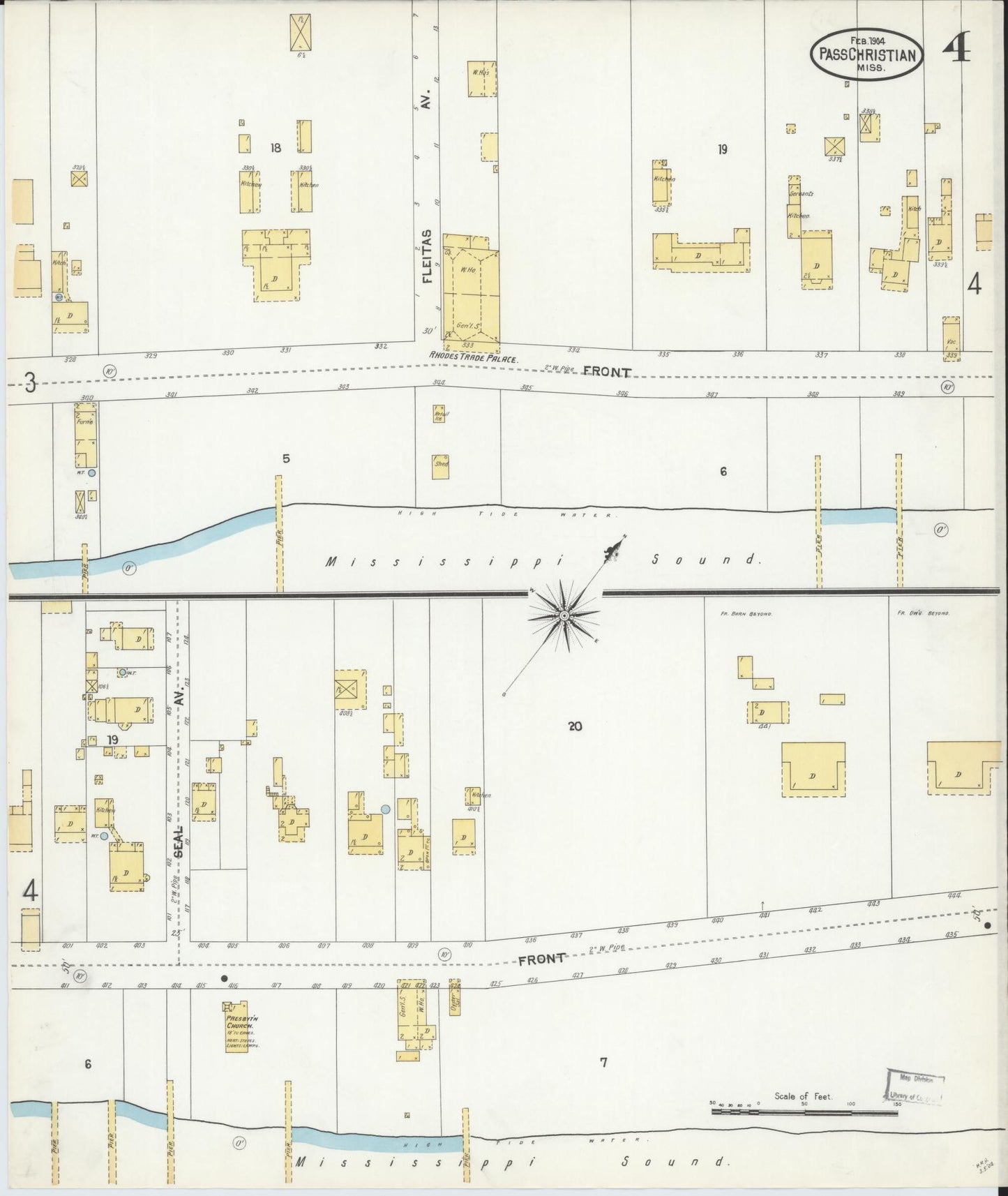 Sanborn Fire Insurance Map from Pass Christian, Harrison County, Mississippi (1904), Sheet #0004 - Historic Sanborn Fire Insurance Map Print, vintage old map wall art, antique decor, genealogy gift, Mississippi Mississippi map