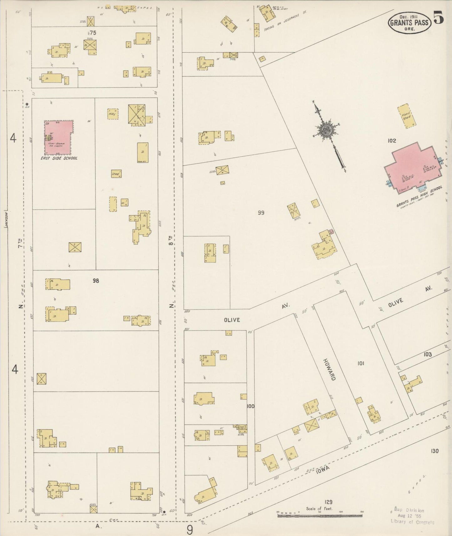 Sanborn Fire Insurance Map from Grants Pass, Josephine County, Oregon (1911), Sheet #0005 - Historic Sanborn Fire Insurance Map Print, vintage old map wall art, antique decor, genealogy gift, Oregon Oregon map