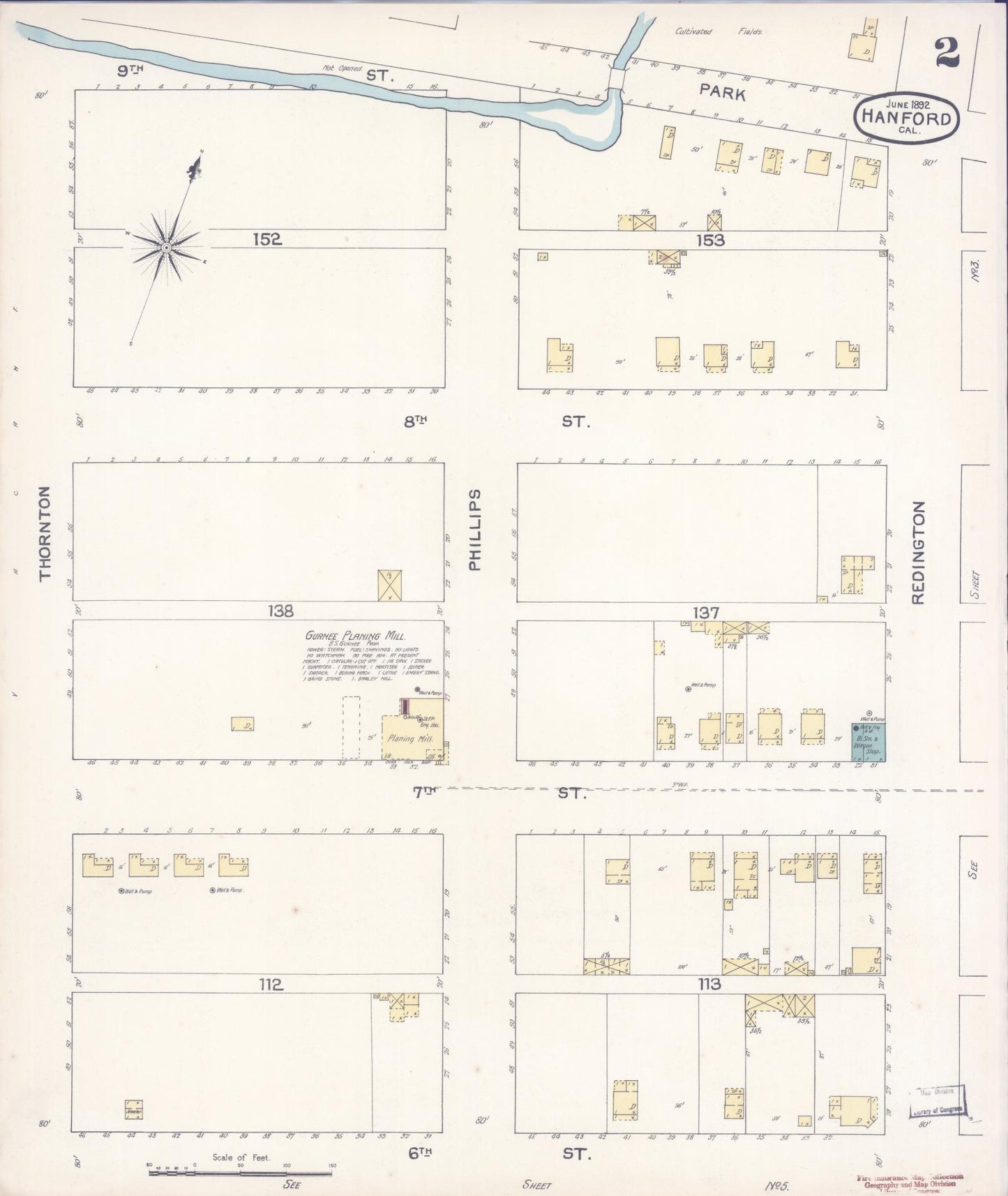 Sanborn Fire Insurance Map from Hanford, Kings County, California (1892), Sheet #0002 - Historic Sanborn Fire Insurance Map Print, vintage old map wall art, antique decor, genealogy gift, California California map