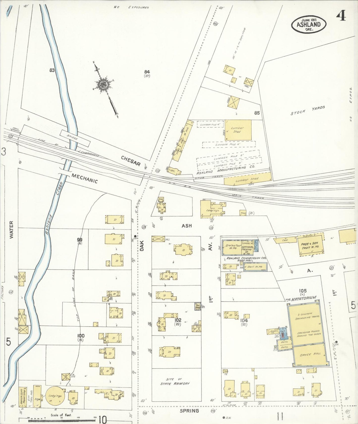 Sanborn Fire Insurance Map from Ashland, Jackson County, Oregon (1911), Sheet #0004 - Historic Sanborn Fire Insurance Map Print, vintage old map wall art, antique decor, genealogy gift, Oregon Oregon map