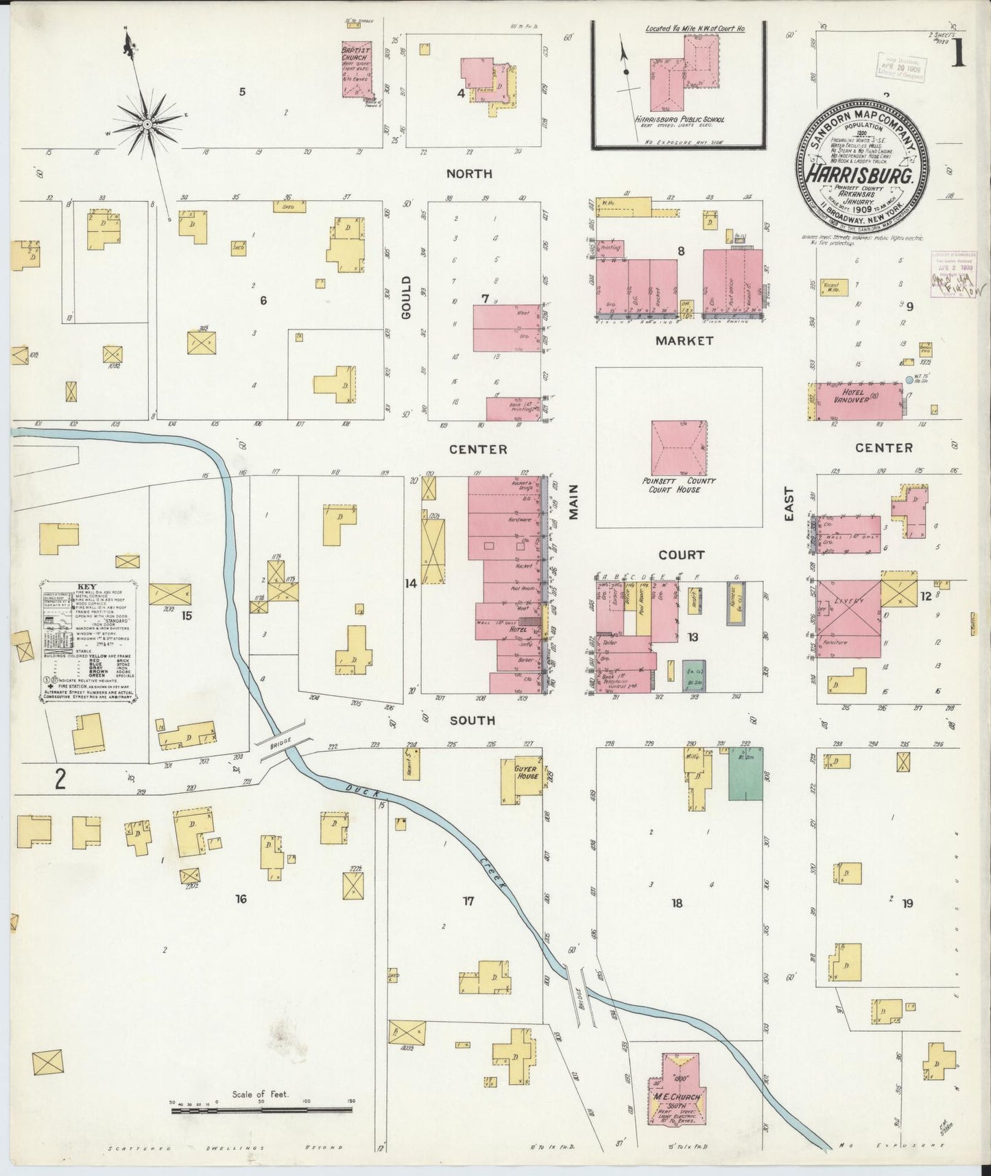 Sanborn Fire Insurance Map from Harrisburg, Poinsett County, Arkansas (1909), Sheet #0001 - Historic Sanborn Fire Insurance Map Print, vintage old map wall art, antique decor, genealogy gift, Arkansas Arkansas map
