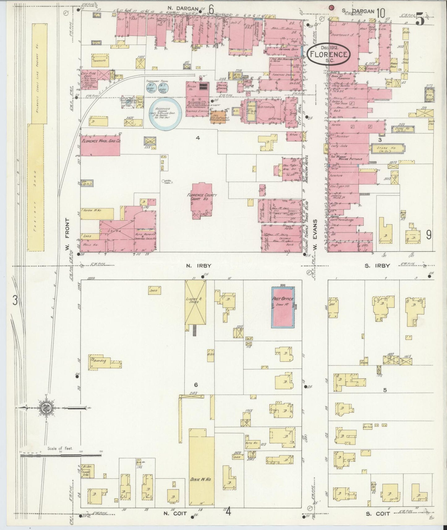 Sanborn Fire Insurance Map from Florence, Florence County, South Carolina (1912), Sheet #0005 - Historic Sanborn Fire Insurance Map Print, vintage old map wall art, antique decor, genealogy gift, South Carolina South Carolina map
