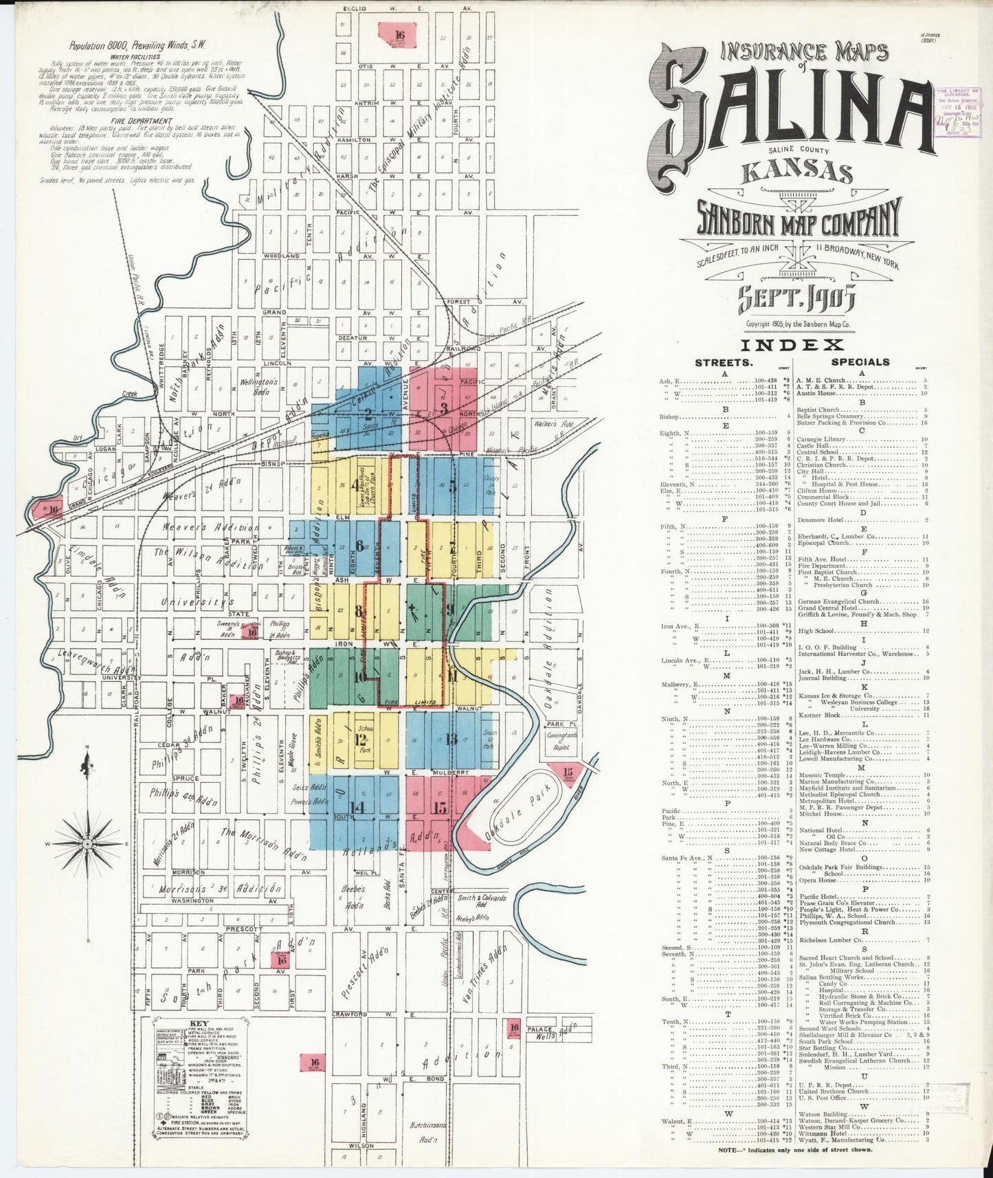 Sanborn Fire Insurance Map from Salina, Saline County, Kansas (1905), Sheet #0001 - Historic Sanborn Fire Insurance Map Print, vintage old map wall art, antique decor, genealogy gift, Kansas Kansas map