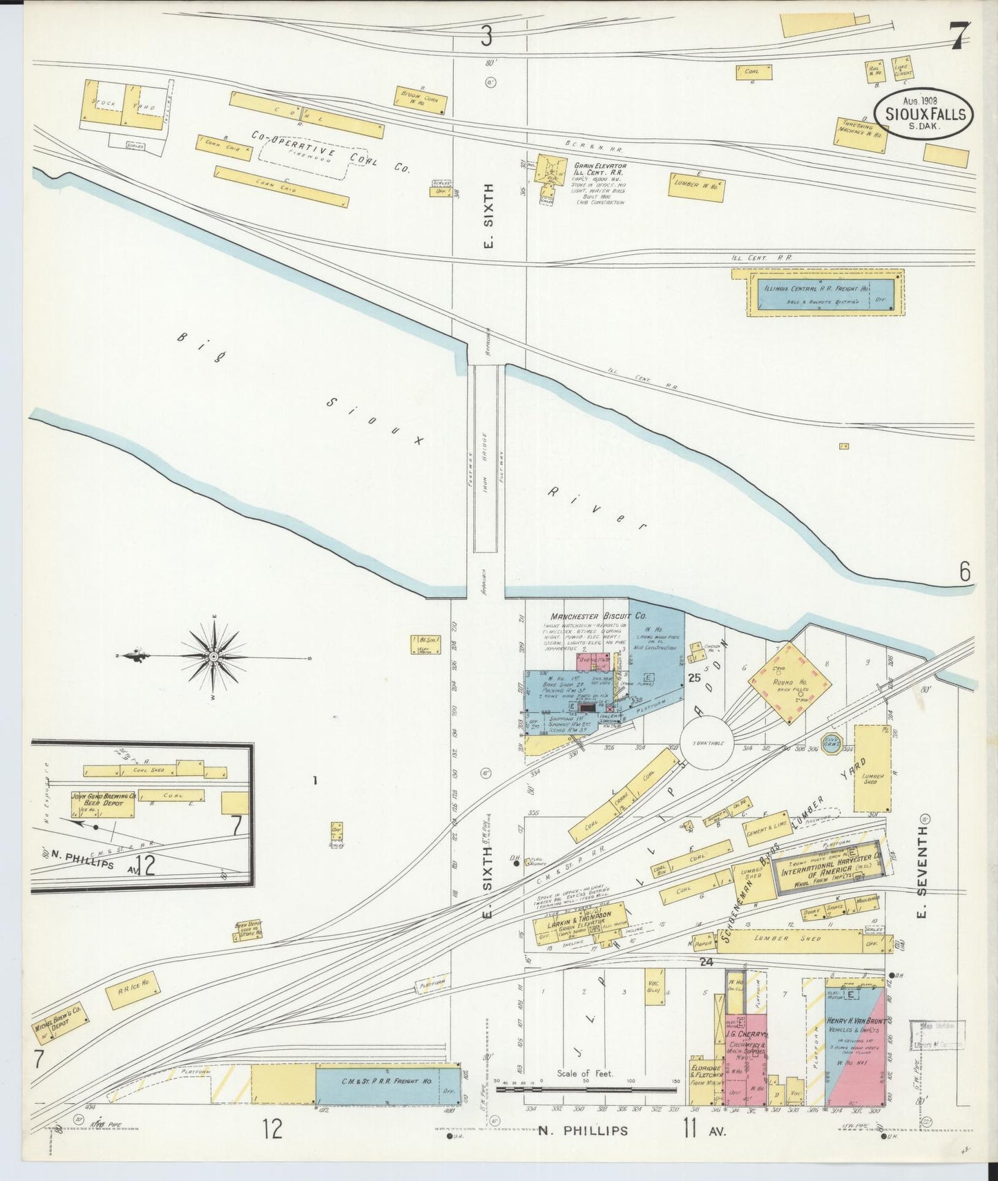 Sanborn Fire Insurance Map from Sioux Falls, Minnehaha County, South Dakota (1908), Sheet #0007 - Historic Sanborn Fire Insurance Map Print, vintage old map wall art, antique decor, genealogy gift, South Dakota South Dakota map