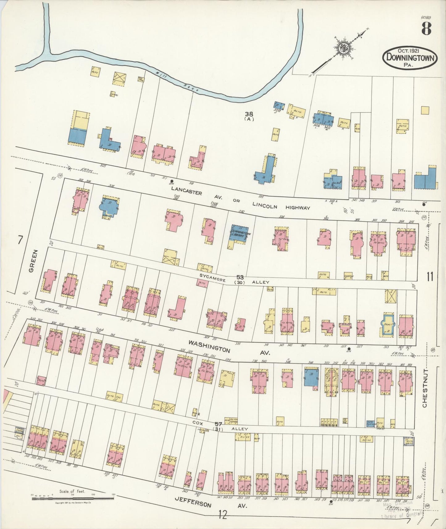 Sanborn Fire Insurance Map from Downingtown, Chester County, Pennsylvania (1921), Sheet #0008 - Historic Sanborn Fire Insurance Map Print, vintage old map wall art, antique decor, genealogy gift, Pennsylvania Pennsylvania map