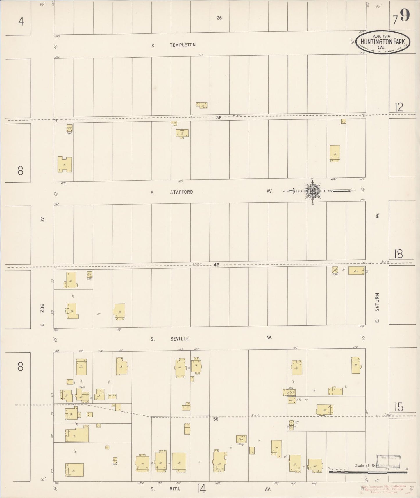 Sanborn Fire Insurance Map from Huntington Park, Los Angeles County, California (1916), Sheet #0009 - Historic Sanborn Fire Insurance Map Print, vintage old map wall art, antique decor, genealogy gift, California California map