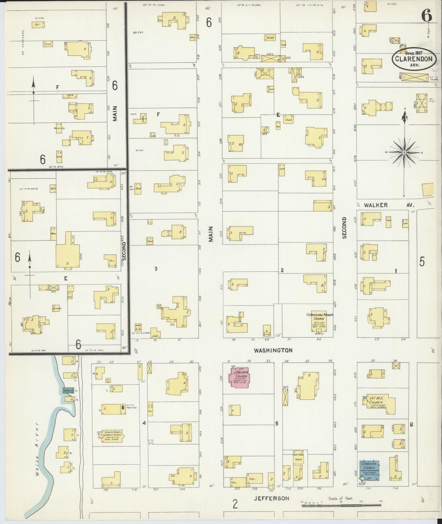 Sanborn Fire Insurance Map from Clarendon, Monroe County, Arkansas (1907), Sheet #0006 - Historic Sanborn Fire Insurance Map Print, vintage old map wall art, antique decor, genealogy gift, Arkansas Arkansas map
