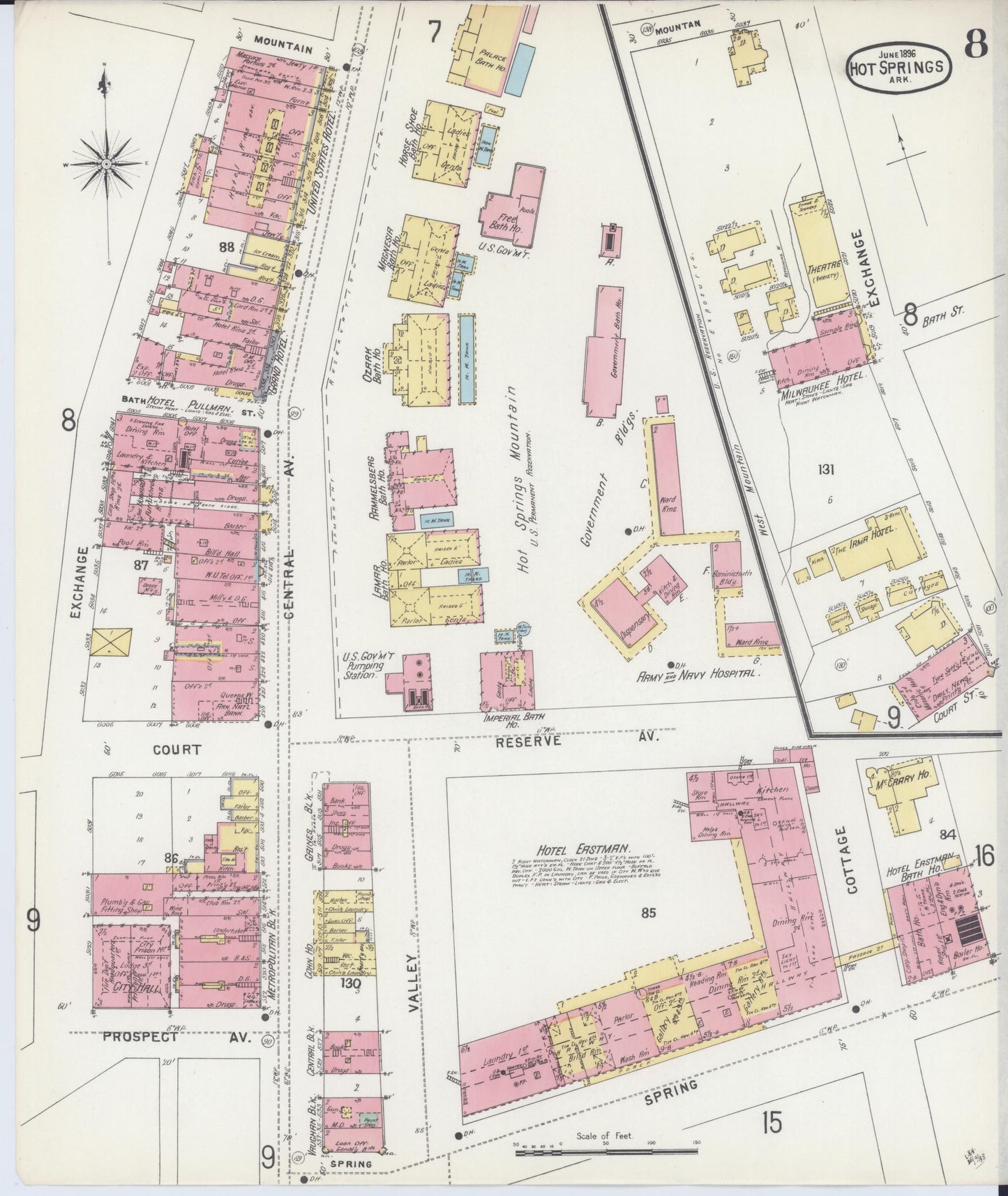 Sanborn Fire Insurance Map from Hot Springs, Garland County, Arkansas (1896), Sheet #0008 - Historic Sanborn Fire Insurance Map Print, vintage old map wall art, antique decor, genealogy gift, Arkansas Arkansas map