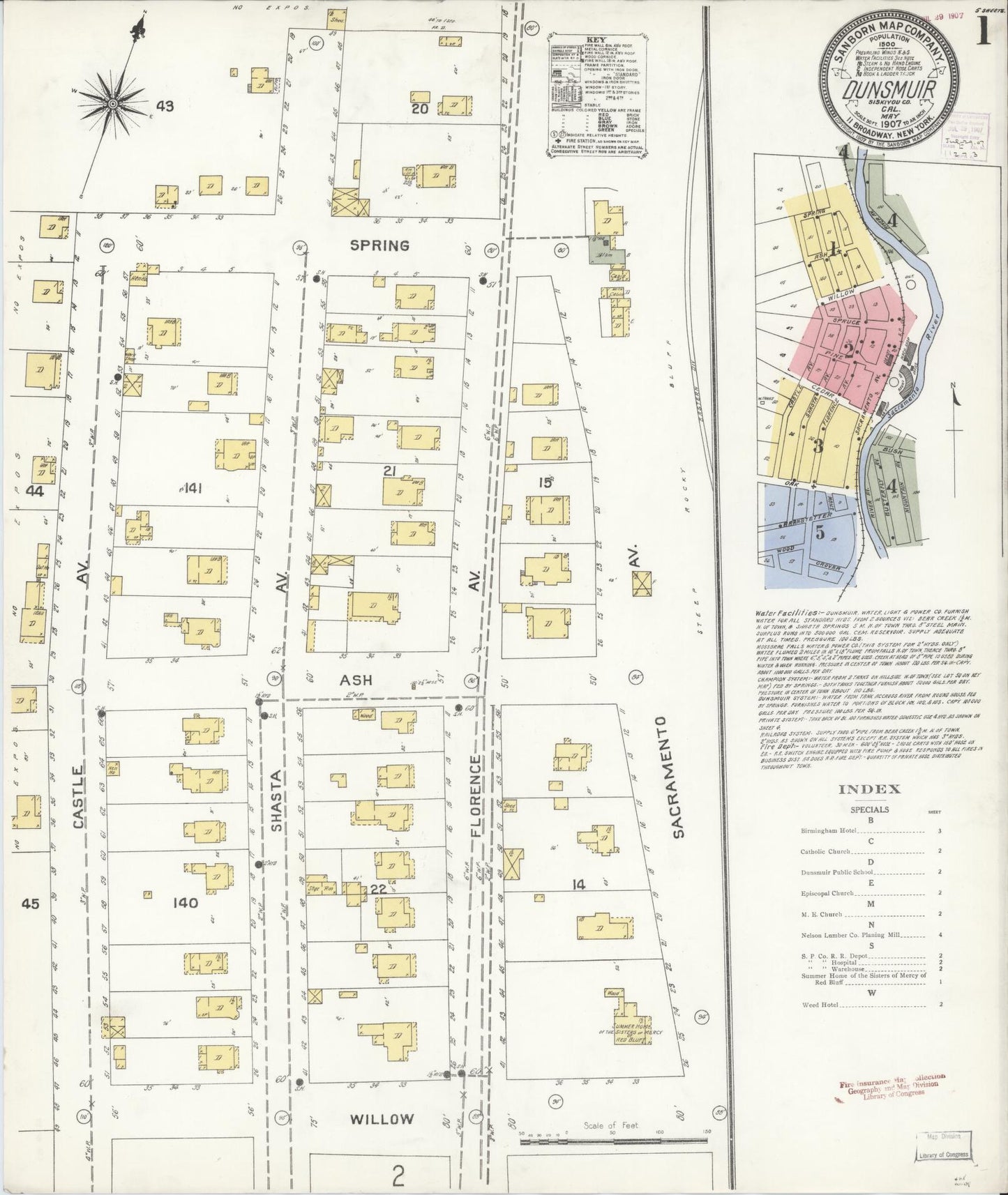 Sanborn Fire Insurance Map from Dunsmuir, Siskiyou County, California (1907), Sheet #0001 - Historic Sanborn Fire Insurance Map Print, vintage old map wall art, antique decor, genealogy gift, California California map