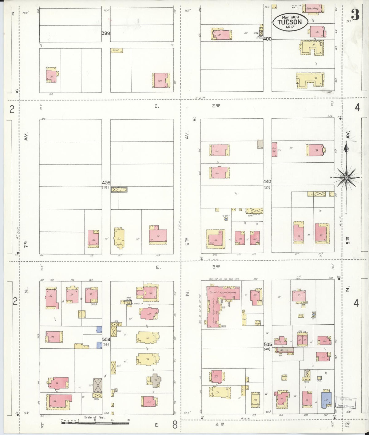 Sanborn Fire Insurance Map from Tucson, Pima County, Arizona (1909), Sheet #0003 - Historic Sanborn Fire Insurance Map Print, vintage old map wall art, antique decor, genealogy gift, Arizona Arizona map