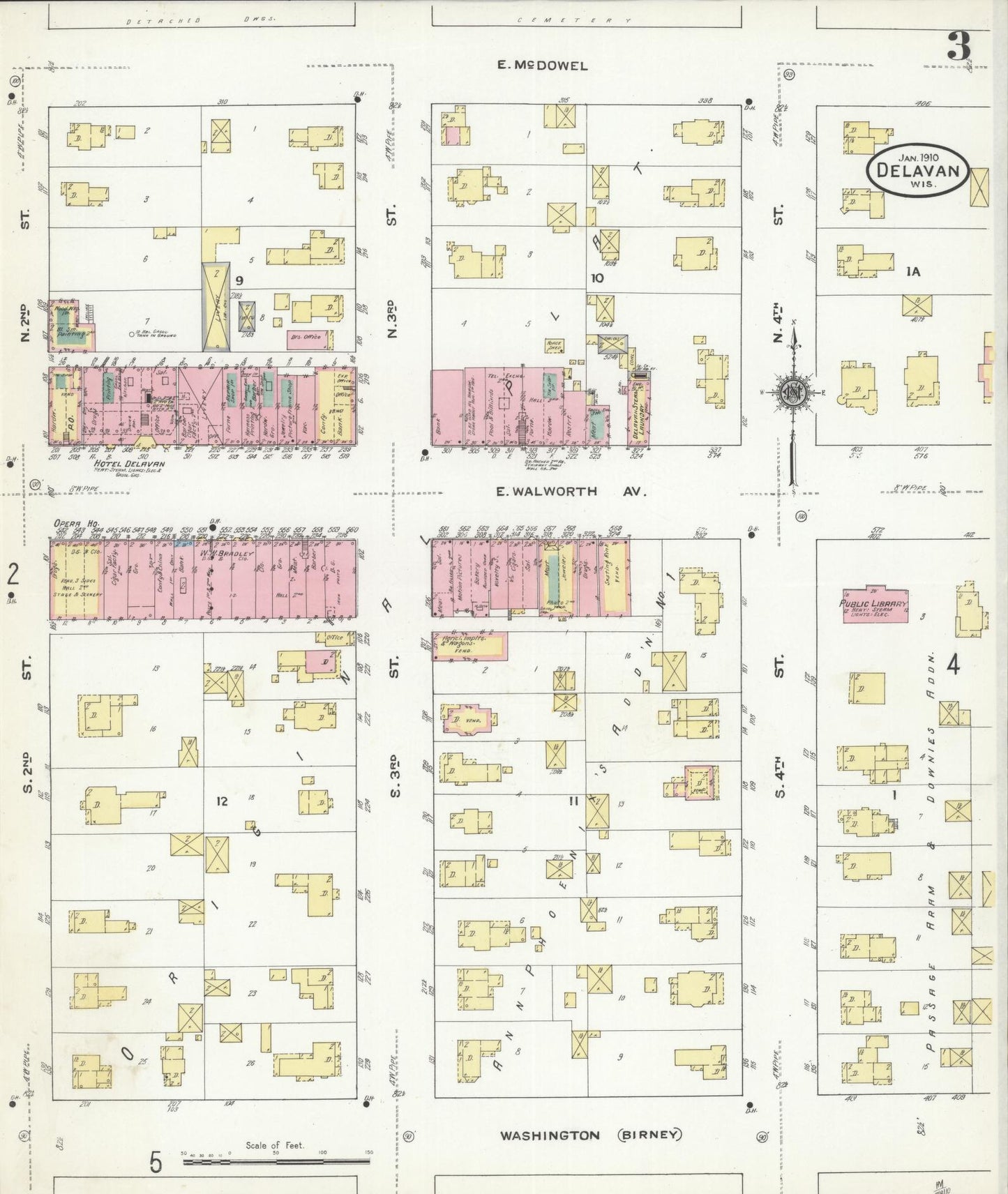 Sanborn Fire Insurance Map from Delavan, Walworth County, Wisconsin (1910), Sheet #0003 - Historic Sanborn Fire Insurance Map Print, vintage old map wall art, antique decor, genealogy gift, Wisconsin Wisconsin map