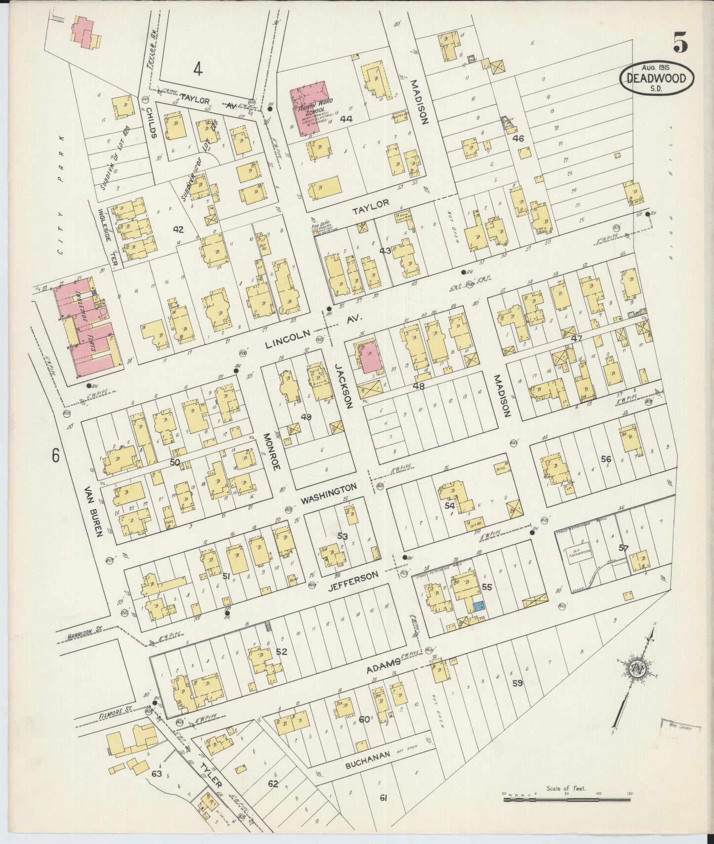 Sanborn Fire Insurance Map from Deadwood, Lawrence County, South Dakota (1915), Sheet #0005 - Historic Sanborn Fire Insurance Map Print, vintage old map wall art, antique decor, genealogy gift, South Dakota South Dakota map