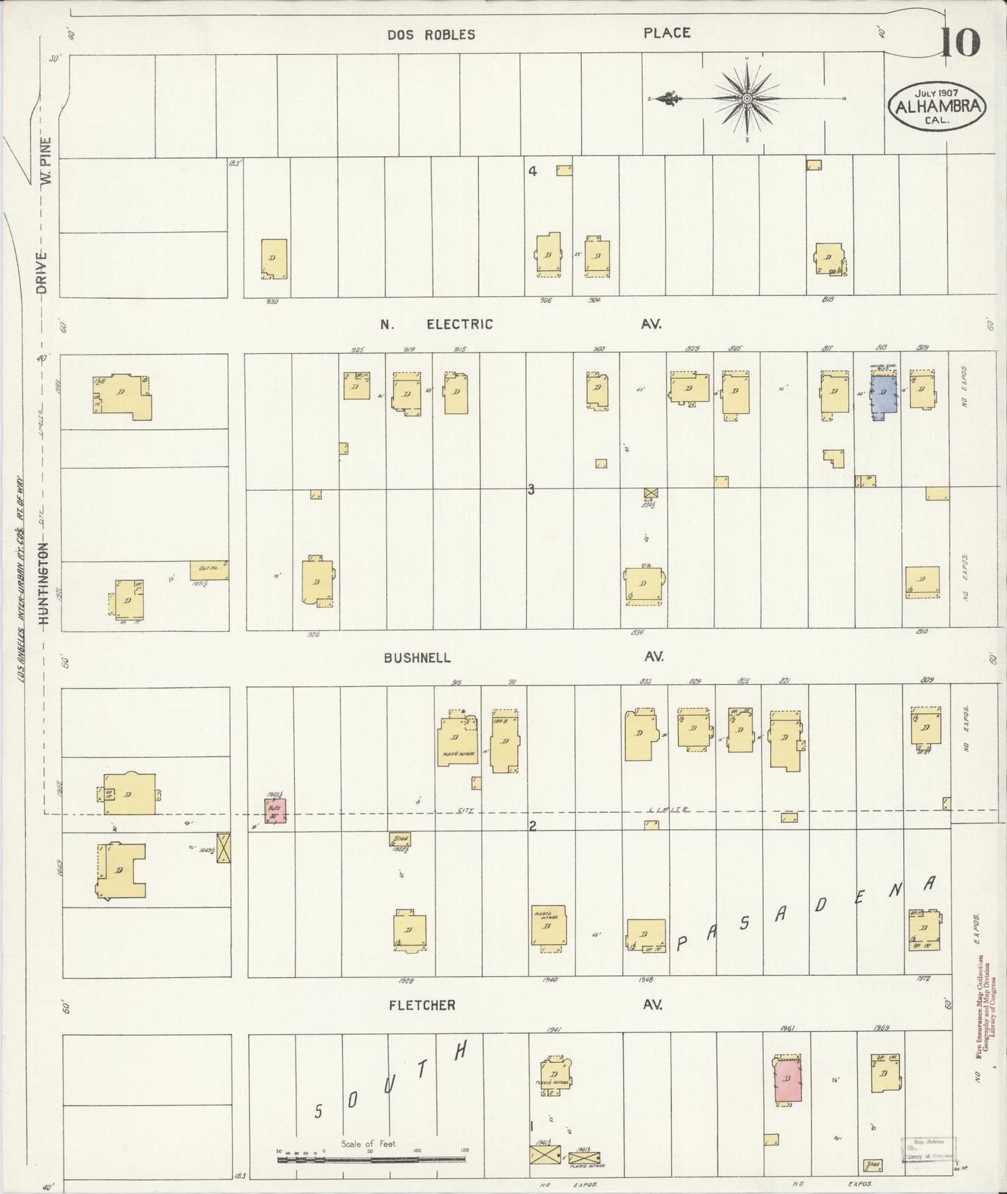 Sanborn Fire Insurance Map from Alhambra, Los Angeles County, California (1907), Sheet #0010 - Historic Sanborn Fire Insurance Map Print, vintage old map wall art, antique decor, genealogy gift, California California map