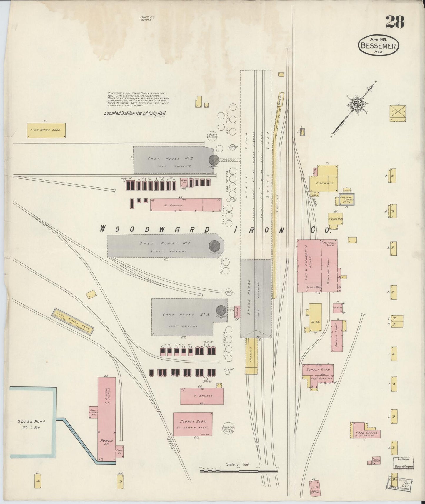 Sanborn Fire Insurance Map from Bessemer, Jefferson County, Alabama (1913), Sheet #0028 - Historic Sanborn Fire Insurance Map Print, vintage old map wall art, antique decor, genealogy gift, Alabama Alabama map