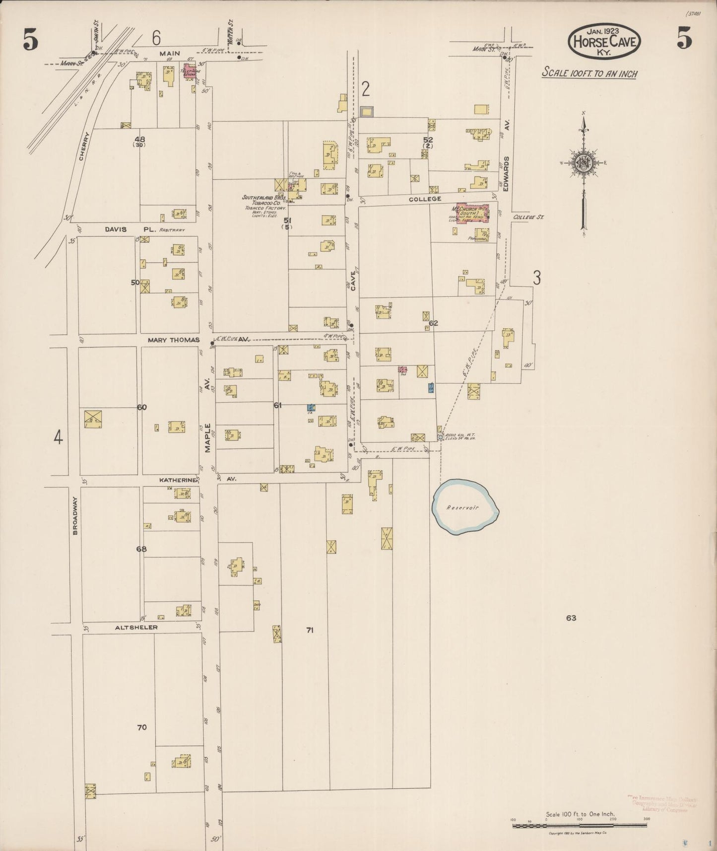 Sanborn Fire Insurance Map from Horse Cave, Hart County, Kentucky (1923), Sheet #0005 - Historic Sanborn Fire Insurance Map Print, vintage old map wall art, antique decor, genealogy gift, Kentucky Kentucky map