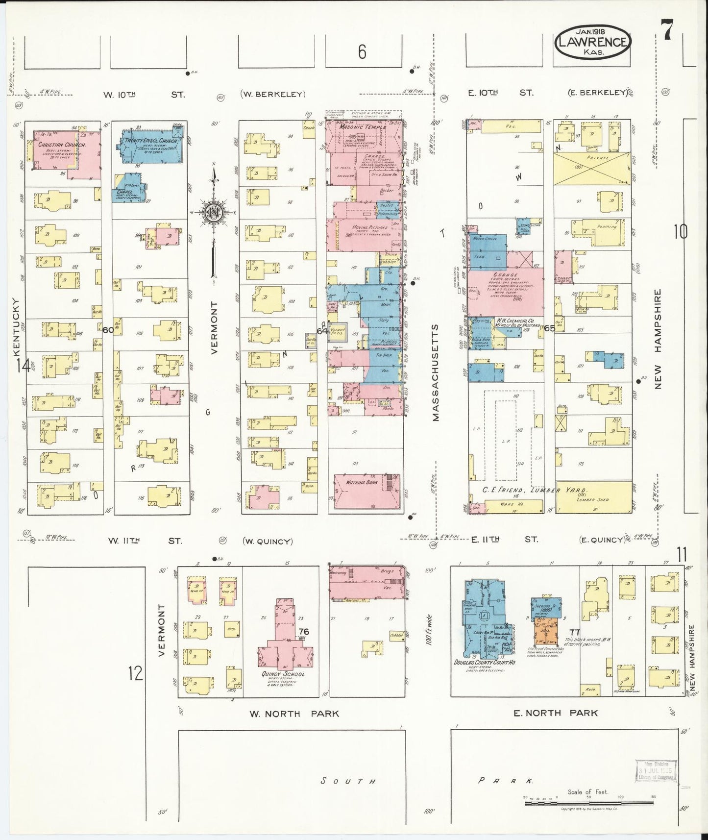 Sanborn Fire Insurance Map from Lawrence, Douglas County, Kansas (1918), Sheet #0007 - Historic Sanborn Fire Insurance Map Print, vintage old map wall art, antique decor, genealogy gift, Kansas Kansas map