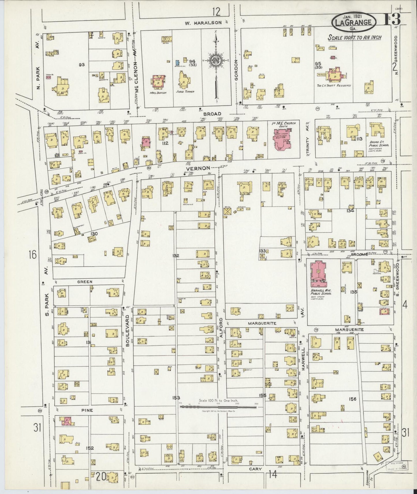 Sanborn Fire Insurance Map from La Grange, Troup County, Georgia (1921), Sheet #0013 - Historic Sanborn Fire Insurance Map Print, vintage old map wall art, antique decor, genealogy gift, Georgia Georgia map