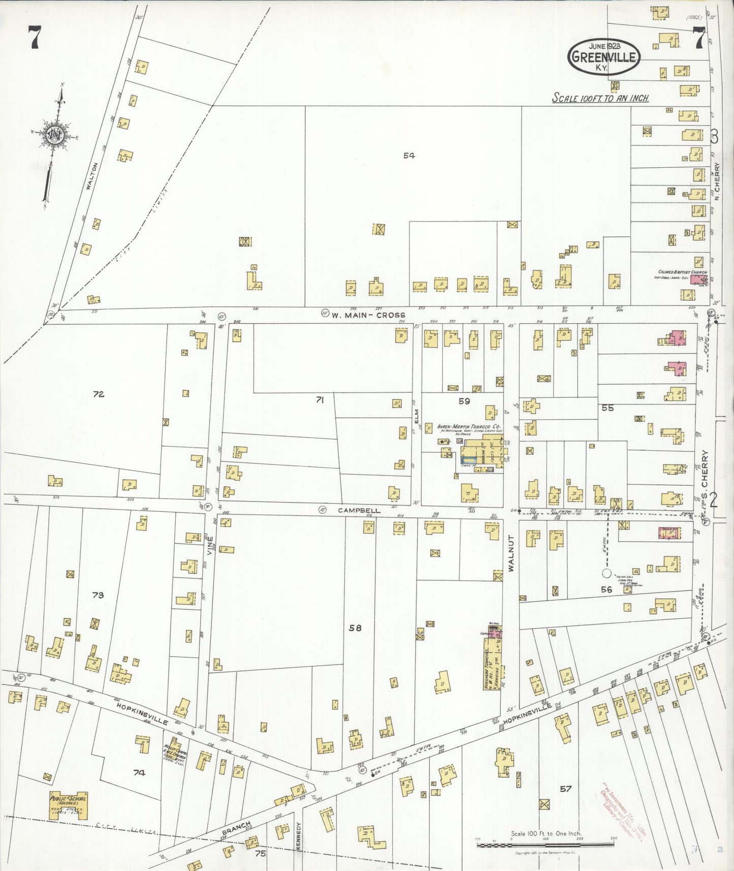 Sanborn Fire Insurance Map from Greenville, Muhlenberg County, Kentucky (1923), Sheet #0007 - Historic Sanborn Fire Insurance Map Print, vintage old map wall art, antique decor, genealogy gift, Kentucky Kentucky map