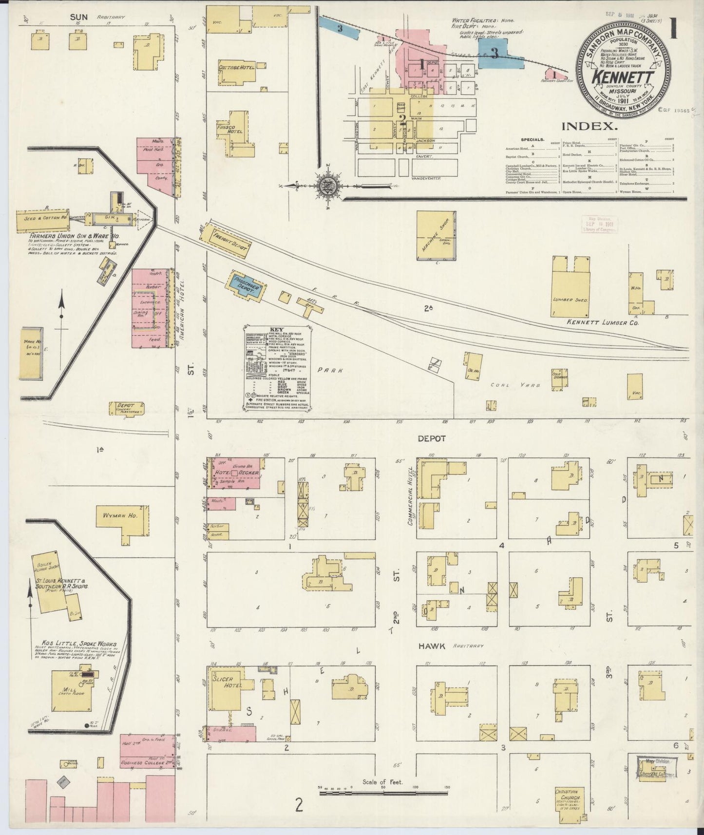 Sanborn Fire Insurance Map from Kennett, Dunklin County, Missouri (1911), Sheet #0001 - Historic Sanborn Fire Insurance Map Print, vintage old map wall art, antique decor, genealogy gift, Missouri Missouri map