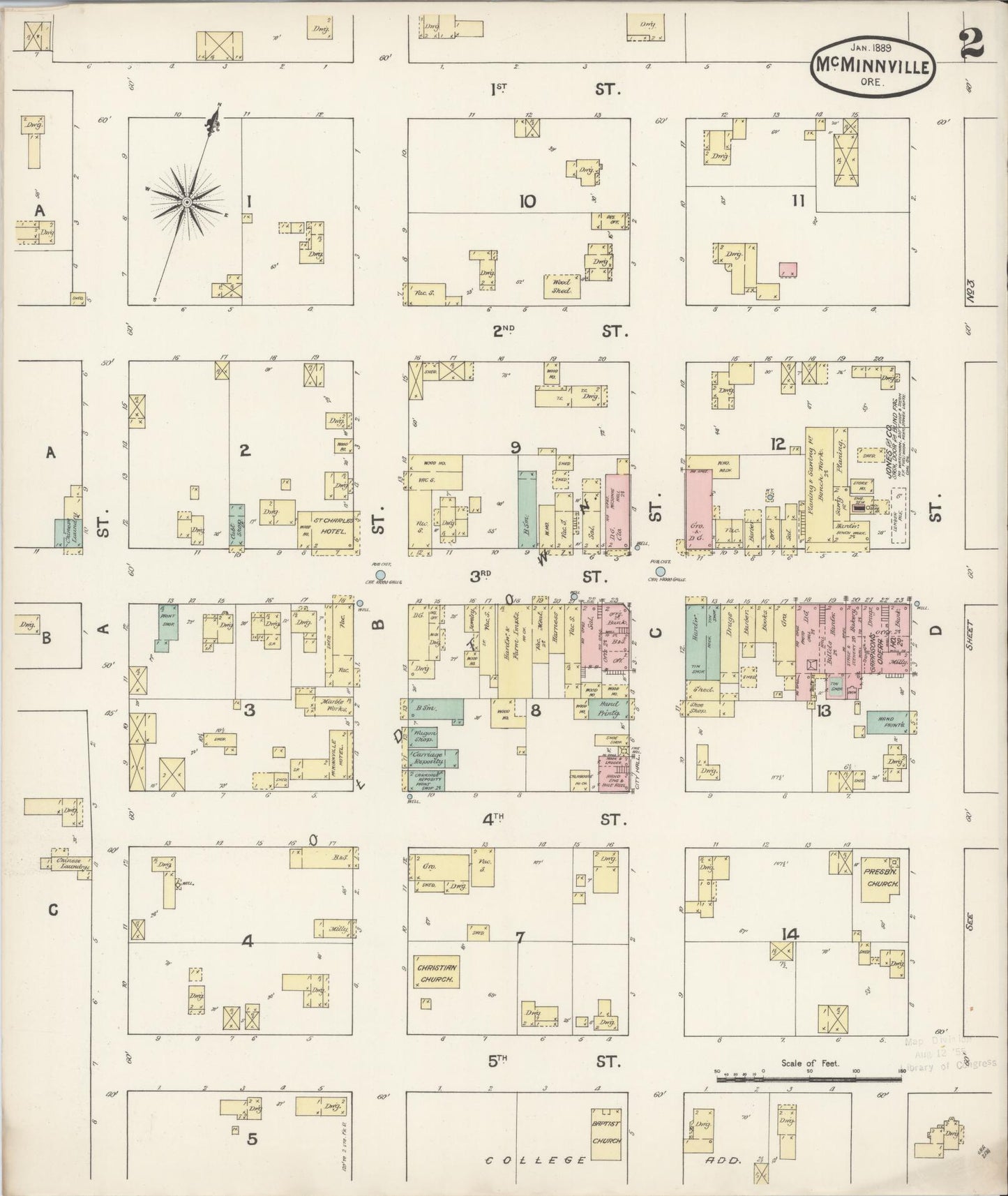 Sanborn Fire Insurance Map from McMinnville, Yamhill County, Oregon (1889), Sheet #0002 - Historic Sanborn Fire Insurance Map Print, vintage old map wall art, antique decor, genealogy gift, Oregon Oregon map