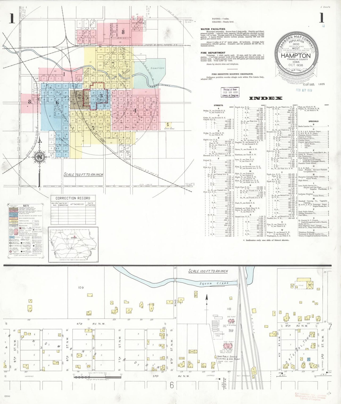 Sanborn Fire Insurance Map from Hampton, Franklin County, Iowa (1938), Sheet #0001 - Historic Sanborn Fire Insurance Map Print, vintage old map wall art