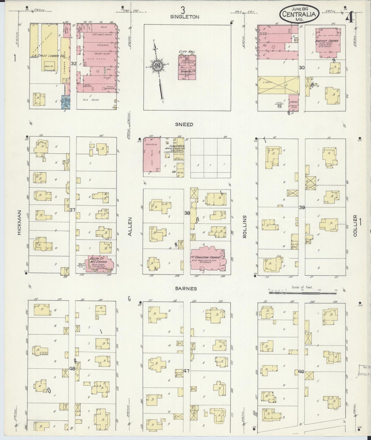Sanborn Fire Insurance Map from Centralia, Boone County, Missouri (1914), Sheet #0004 - Complete Map Set gallery image, historic Sanborn map, vintage wall art, Missouri Missouri