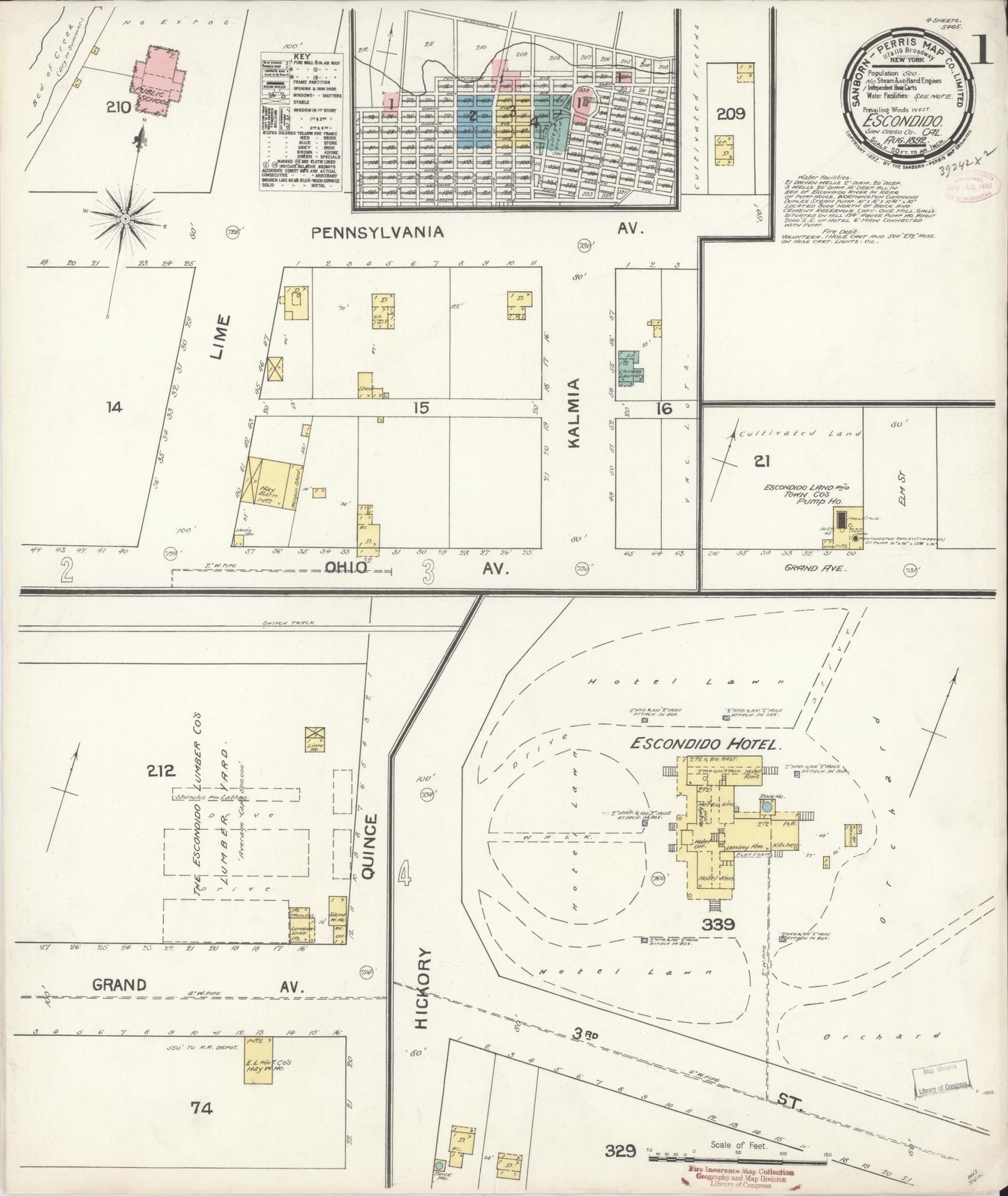 Sanborn Fire Insurance Map from Escondido, San Diego County, California (1892), Sheet #0001 - Historic Sanborn Fire Insurance Map Print, vintage old map wall art, antique decor, genealogy gift, California California map