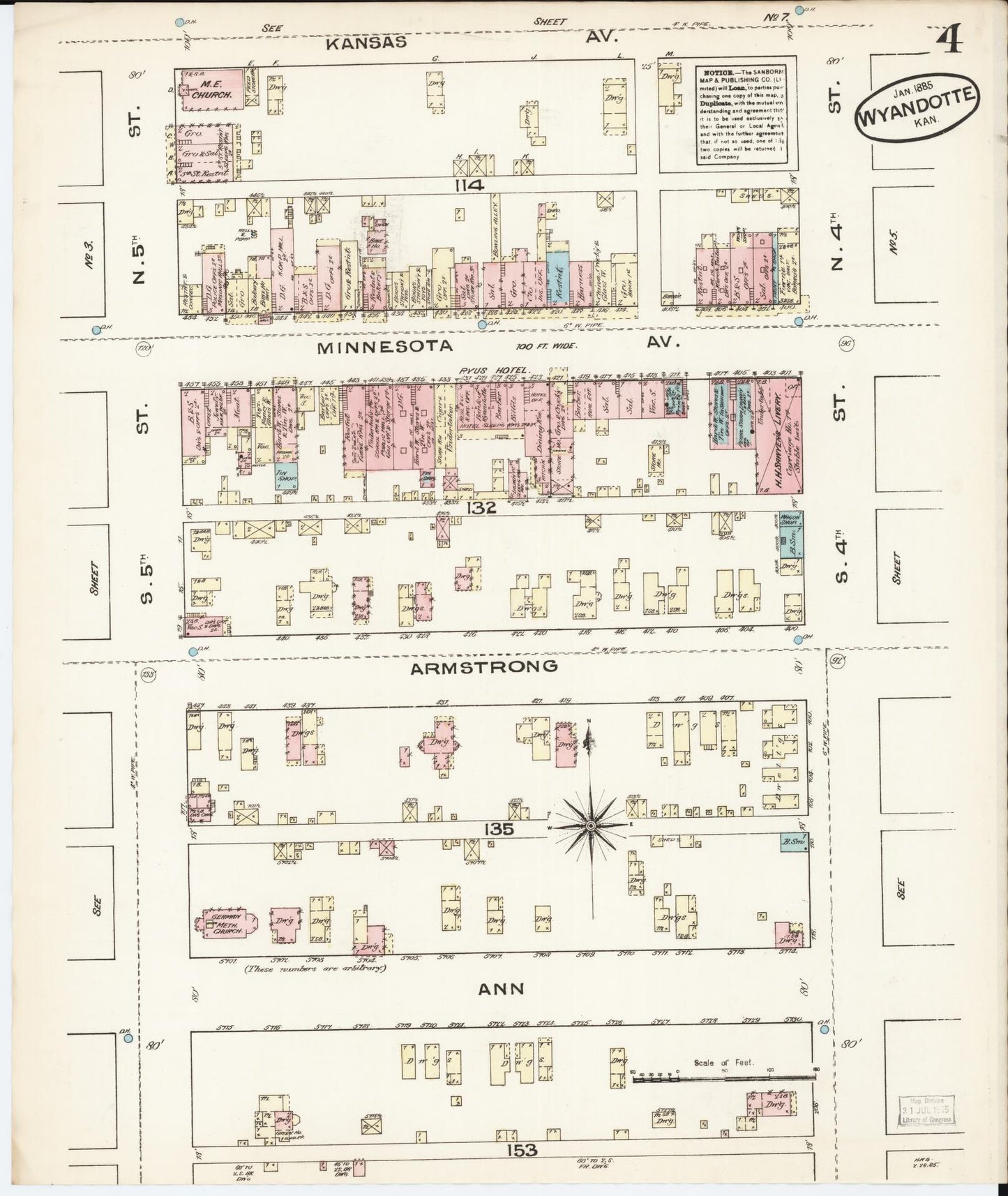 Sanborn Fire Insurance Map from Wyandotte, Wyandotte County, Kansas (1885), Sheet #0004 - Historic Sanborn Fire Insurance Map Print, vintage old map wall art, antique decor, genealogy gift, Kansas Kansas map