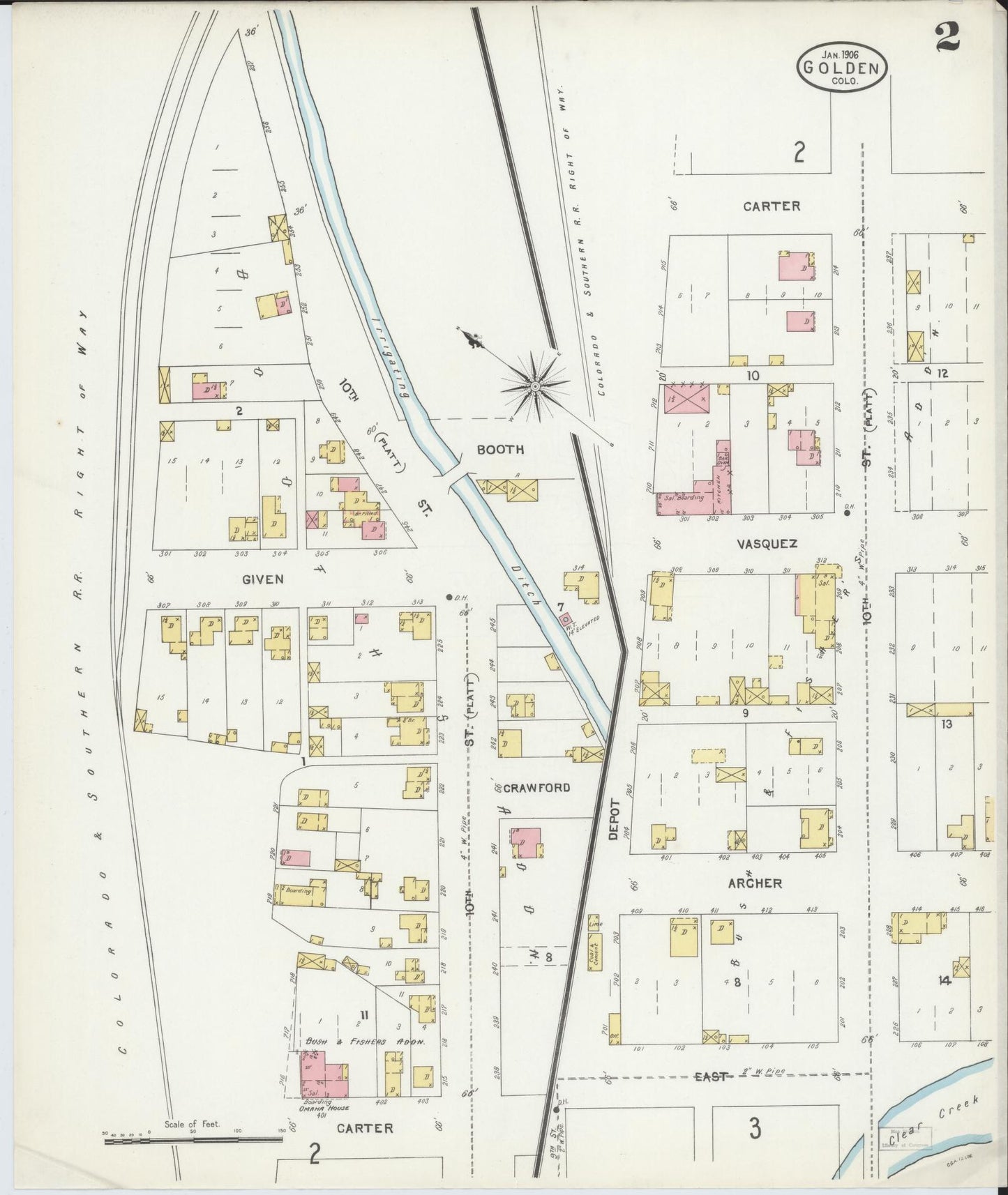 Sanborn Fire Insurance Map from Golden, Jefferson County, Colorado (1906), Sheet #0002 - Historic Sanborn Fire Insurance Map Print, vintage old map wall art, antique decor, genealogy gift, Colorado Colorado map