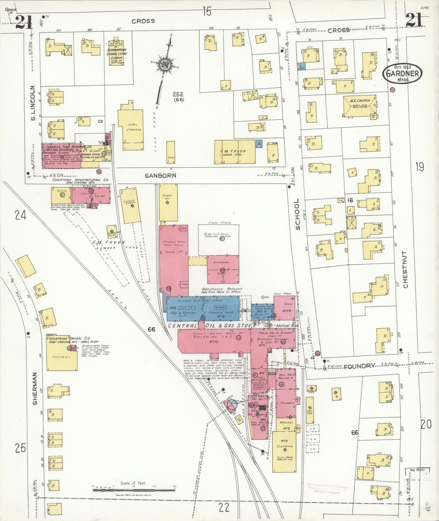 Sanborn Fire Insurance Map from Gardner, Worcester County, Massachusetts (1923), Sheet #0021 - Historic Sanborn Fire Insurance Map Print, vintage old map wall art, antique decor, genealogy gift, Massachusetts Massachusetts map