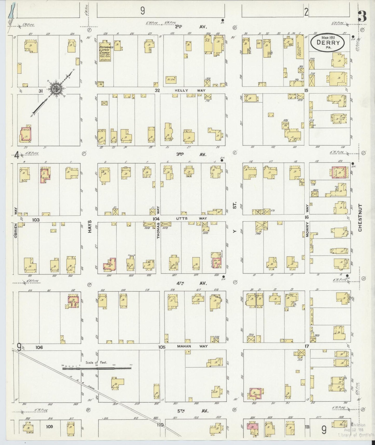 Sanborn Fire Insurance Map from Derry, Westmoreland County, Pennsylvania (1911), Sheet #0003 - Historic Sanborn Fire Insurance Map Print, vintage old map wall art, antique decor, genealogy gift, Pennsylvania Pennsylvania map