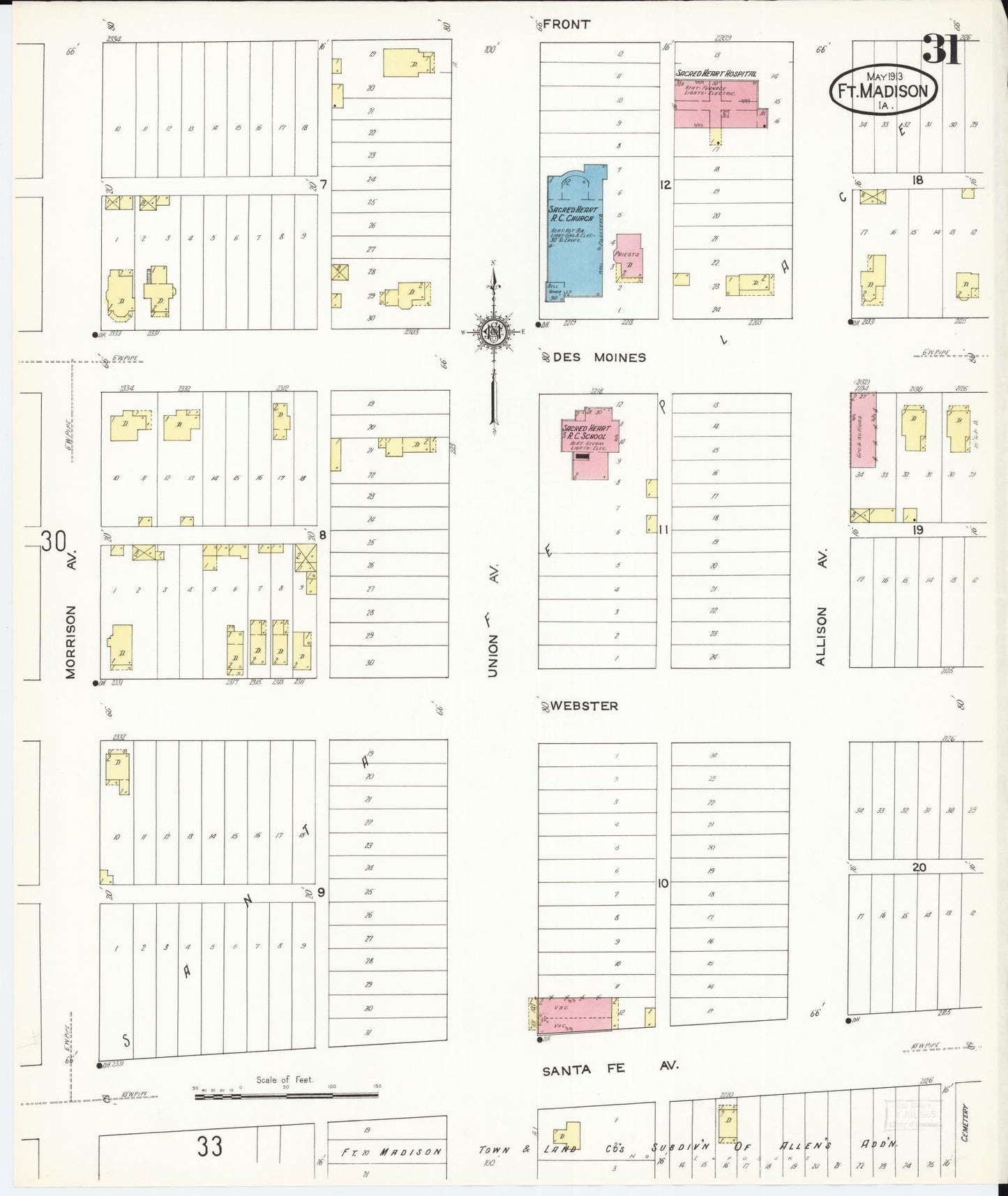 Sanborn Fire Insurance Map from Fort Madison, Lee County, Iowa (1913), Sheet #0031 - Historic Sanborn Fire Insurance Map Print, vintage old map wall art
