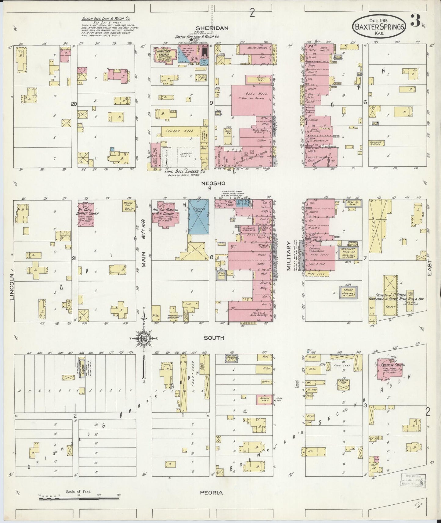 Sanborn Fire Insurance Map from Baxter Springs, Cherokee County, Kansas (1913), Sheet #0003 - Historic Sanborn Fire Insurance Map Print, vintage old map wall art, antique decor, genealogy gift, Kansas Kansas map