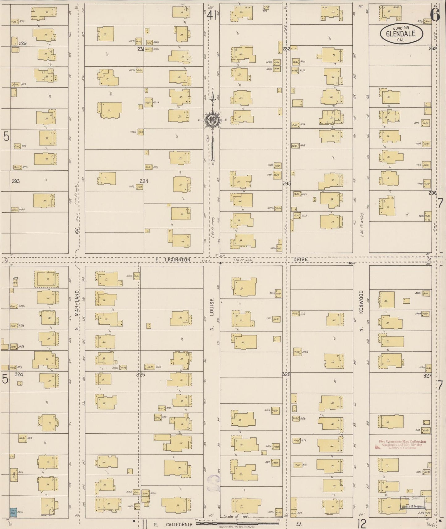 Sanborn Fire Insurance Map from Glendale, Los Angeles County, California (1919), Sheet #0006 - Historic Sanborn Fire Insurance Map Print, vintage old map wall art, antique decor, genealogy gift, California California map