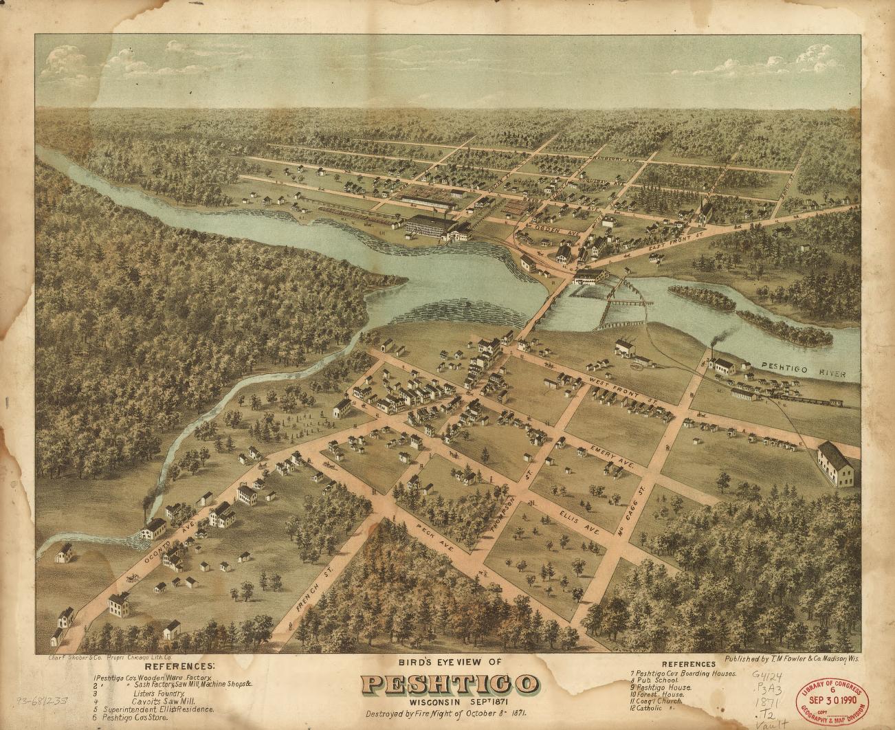 Bird's eye view of Peshtigo, Wisconsin Sept. 1871. (1871) – Historic Bird’s-Eye View Panorama Print