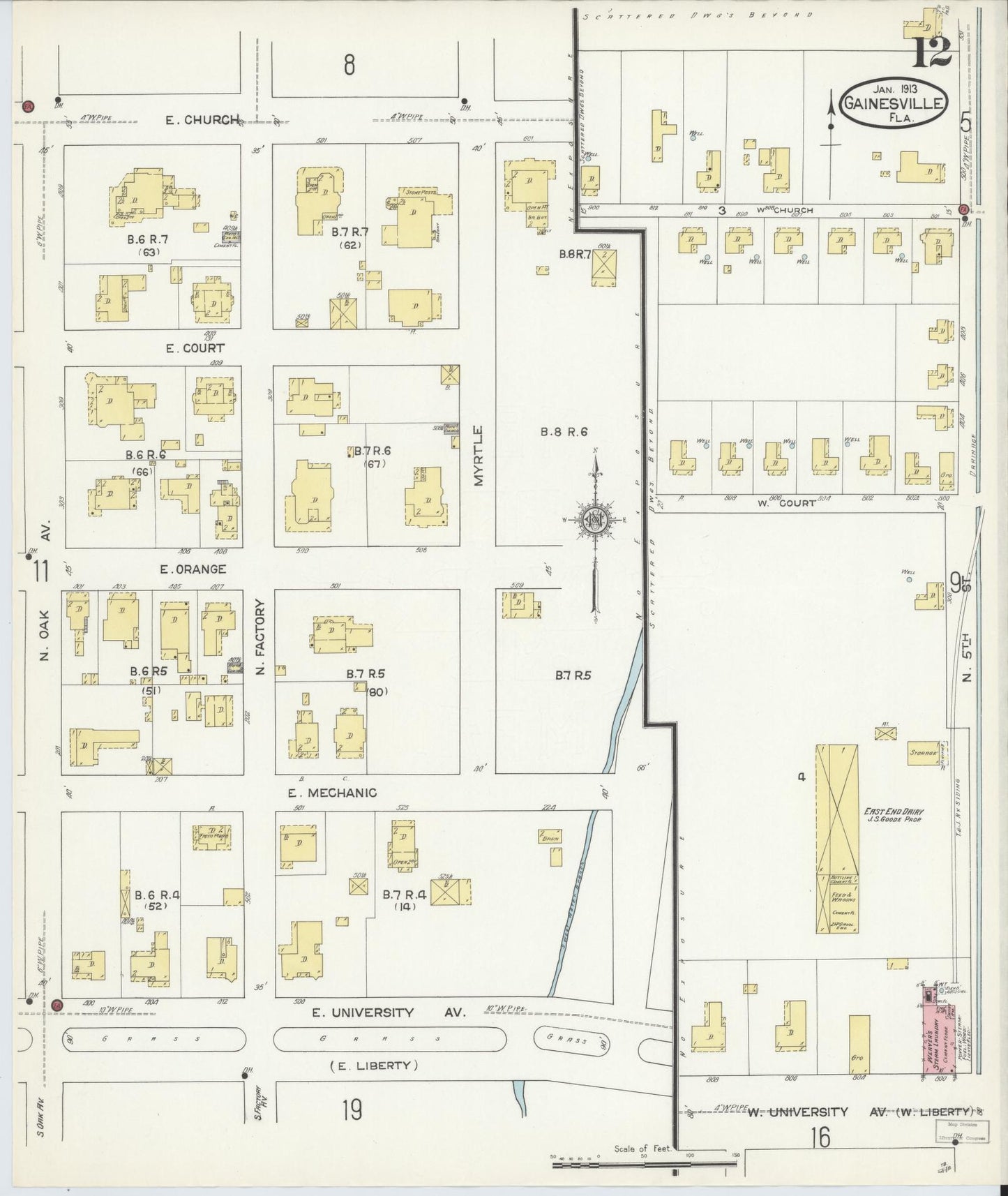Sanborn Fire Insurance Map from Gainesville, Alachua County, Florida (1913), Sheet #0012 - Historic Sanborn Fire Insurance Map Print, vintage old map wall art, antique decor, genealogy gift, Florida Florida map